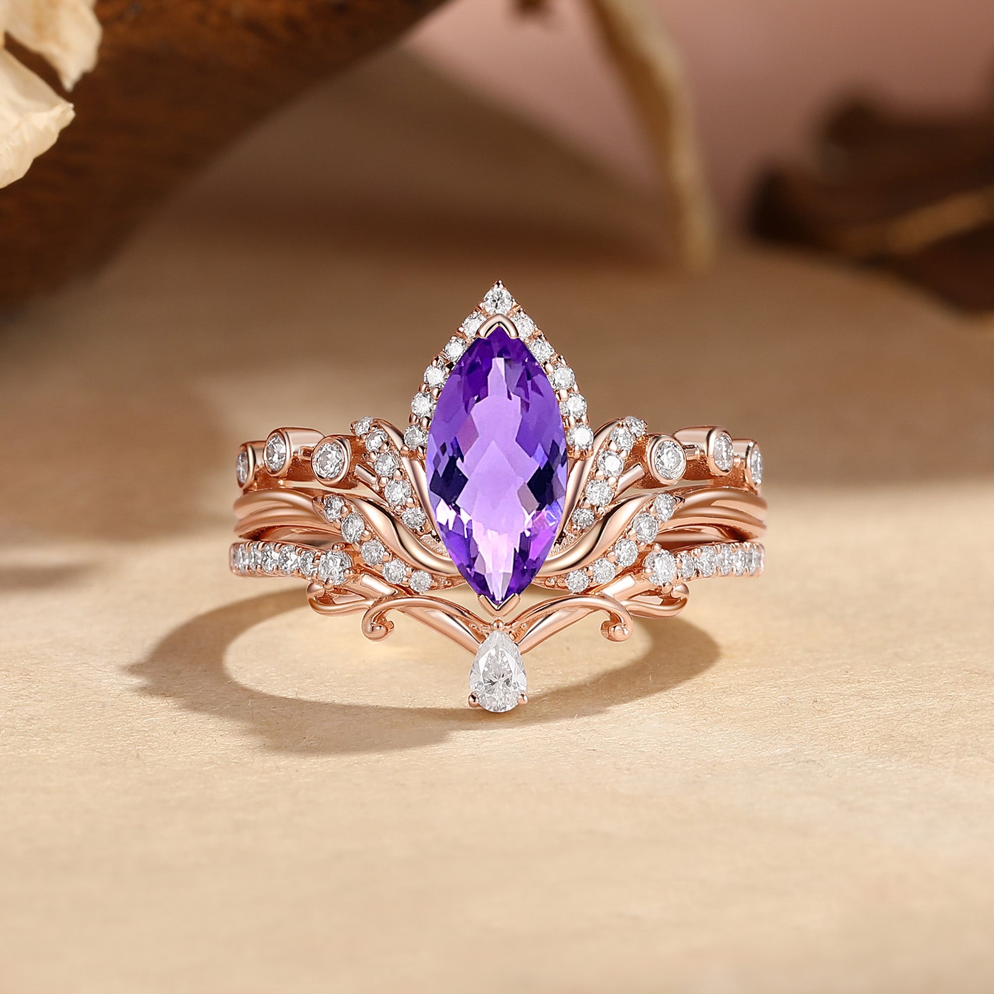 Louisa - Halo Vintage Marquise Cut Amethyst Lotus Flower Bridal Set 2pcs