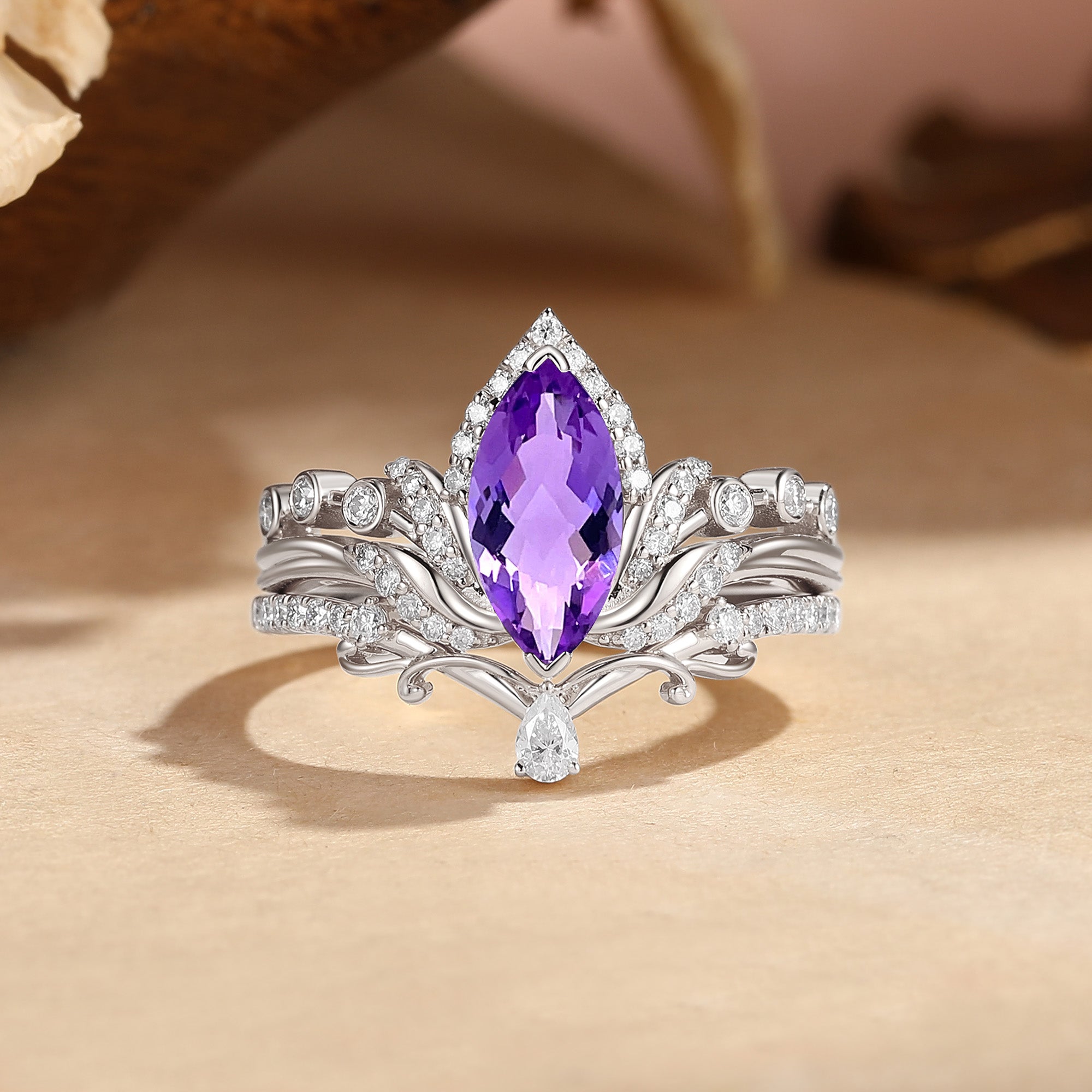 Louisa - Halo Vintage Marquise Cut Amethyst Lotus Flower Bridal Set 2pcs