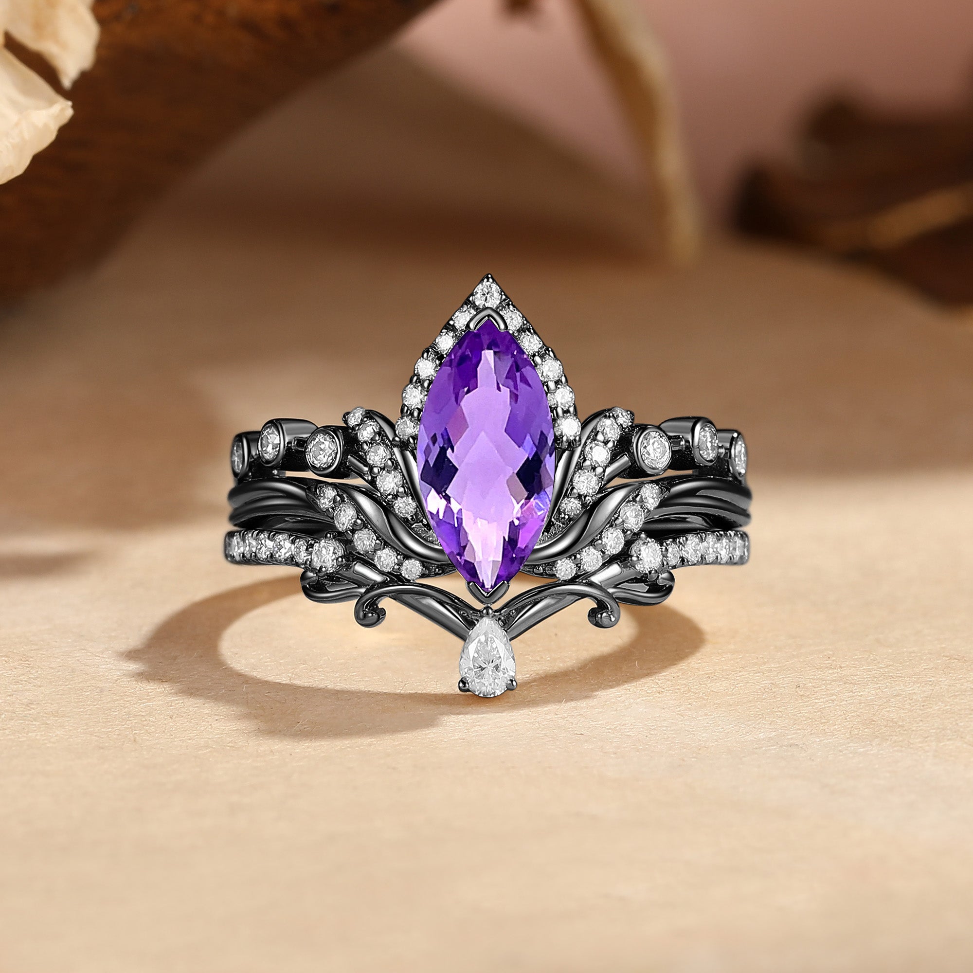 Louisa - Halo Vintage Marquise Cut Amethyst Lotus Flower Bridal Set 2pcs