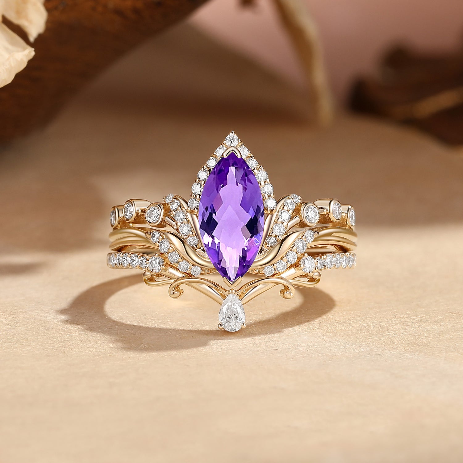 Halo Vintage Marquise Cut Amethyst Lotus Flower Bridal Set 2pcs - Louisa