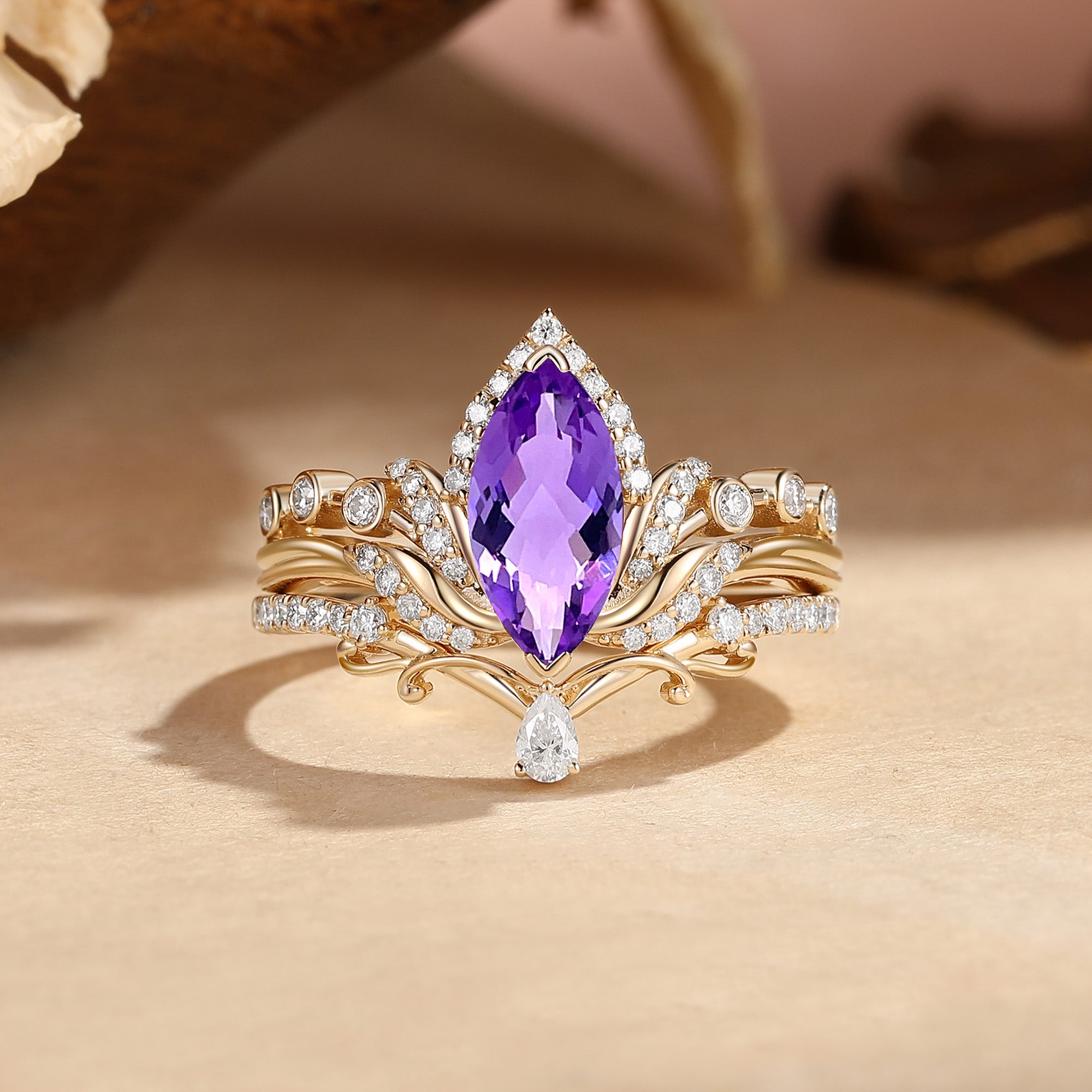 Louisa - Halo Vintage Marquise Cut Amethyst Lotus Flower Bridal Set 2pcs