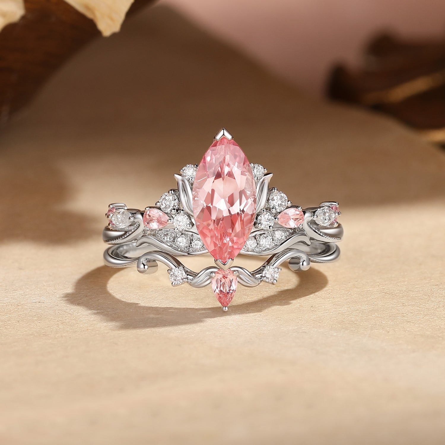 Vintage Marquise Cut Padparadscha Sapphire Lotus Flower Bridal Set 2pcs - Fern