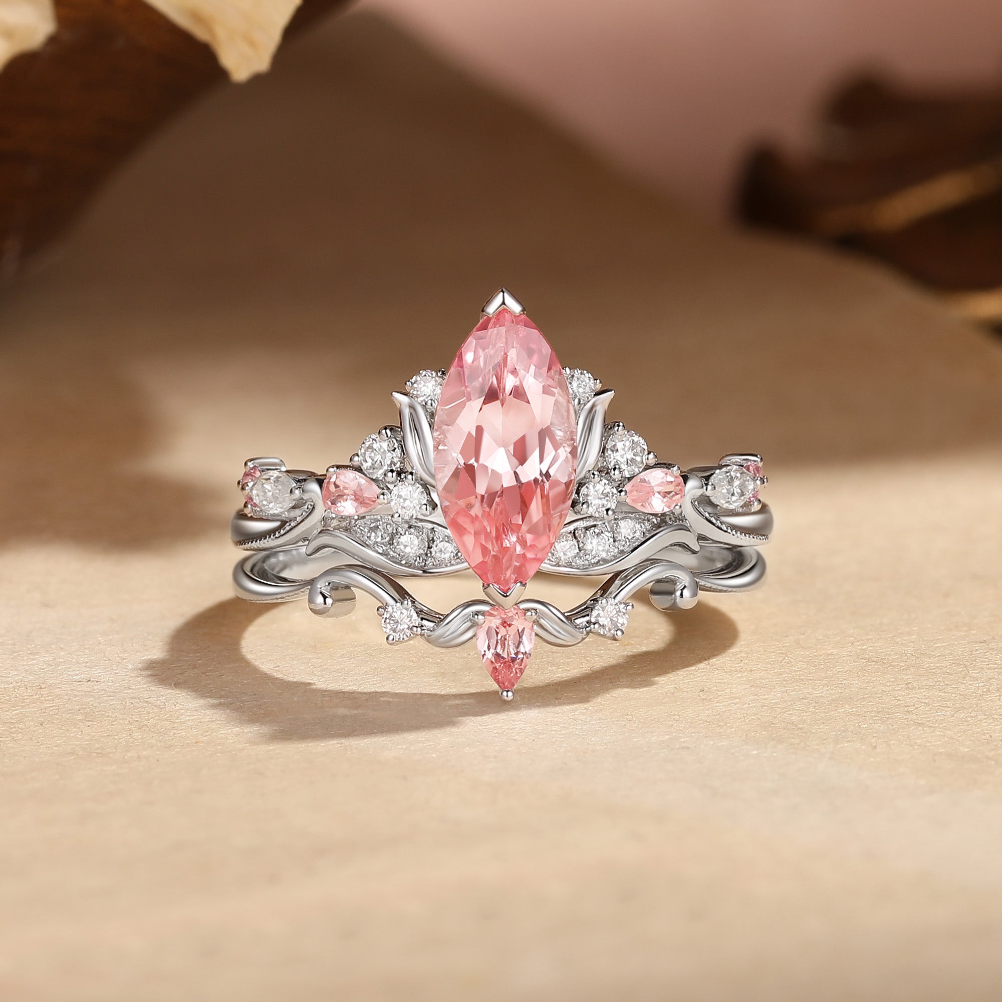 Fern - Vintage Marquise Cut Padparadscha Sapphire Lotus Flower Bridal Set 2pcs