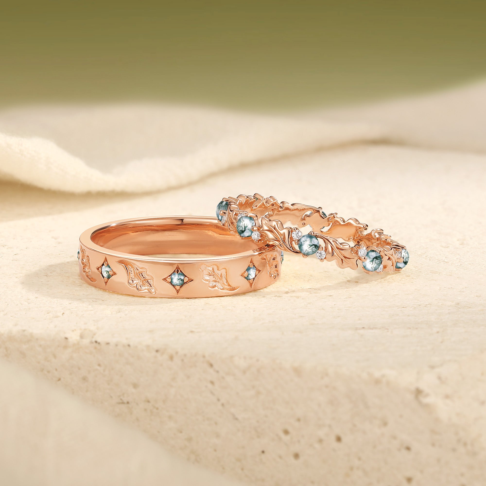 Nature-Inspired Oak Leaf Moss Agate Matching Wedding Band Set