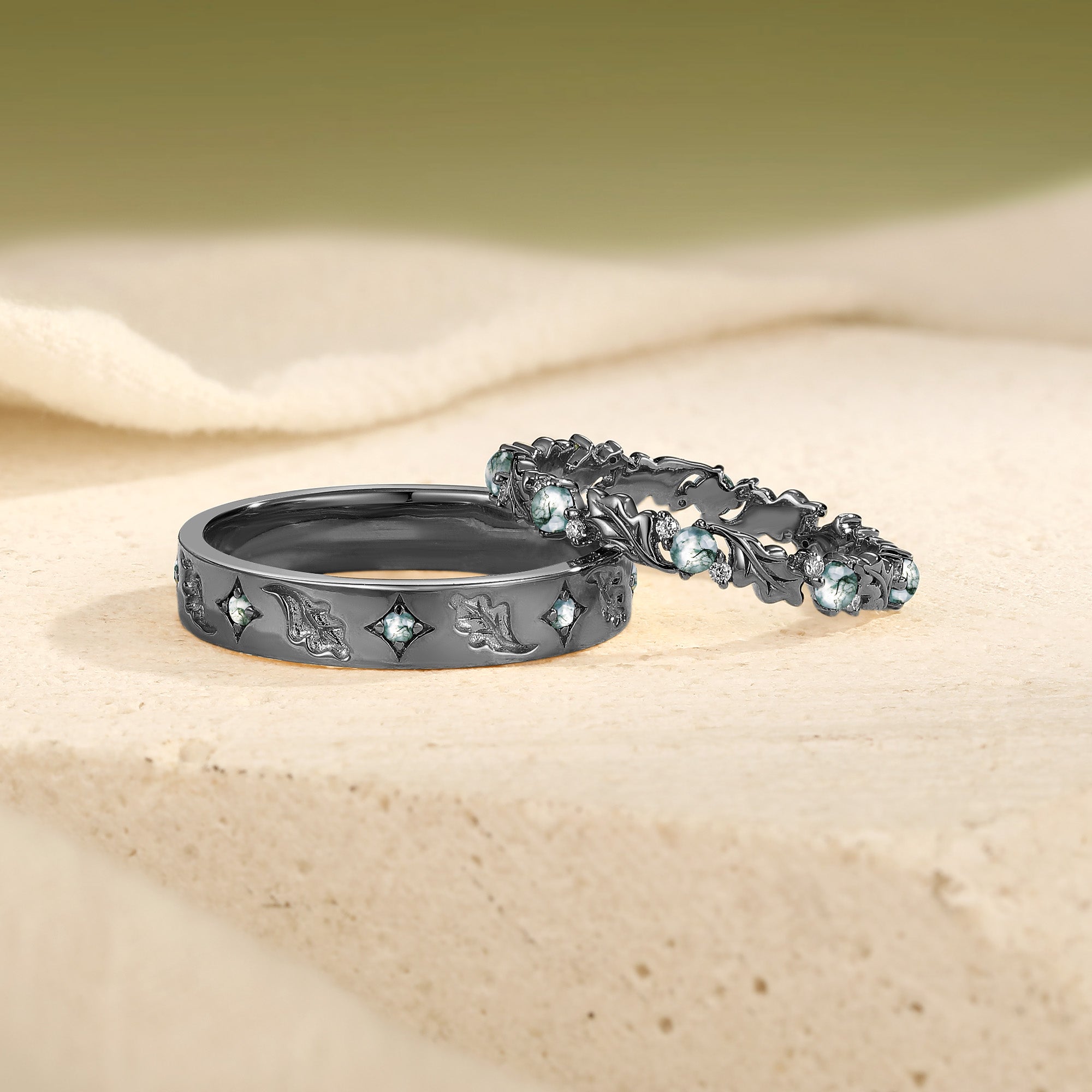 Nature-Inspired Oak Leaf Moss Agate Matching Wedding Band Set