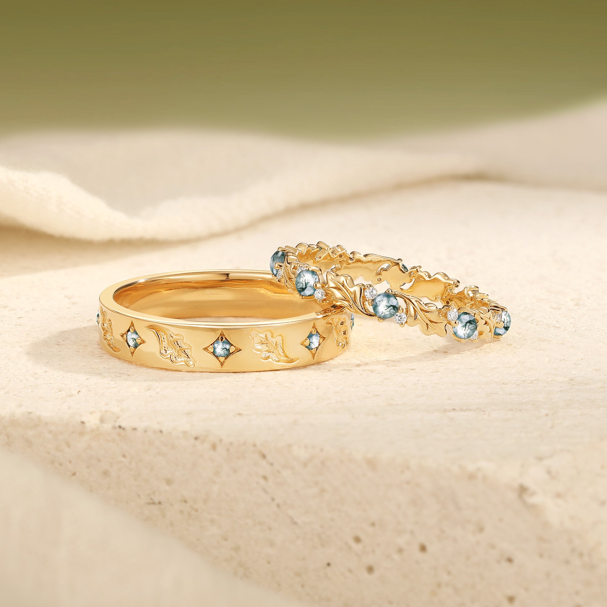 Nature-Inspired Oak Leaf Moss Agate Matching Wedding Band Set