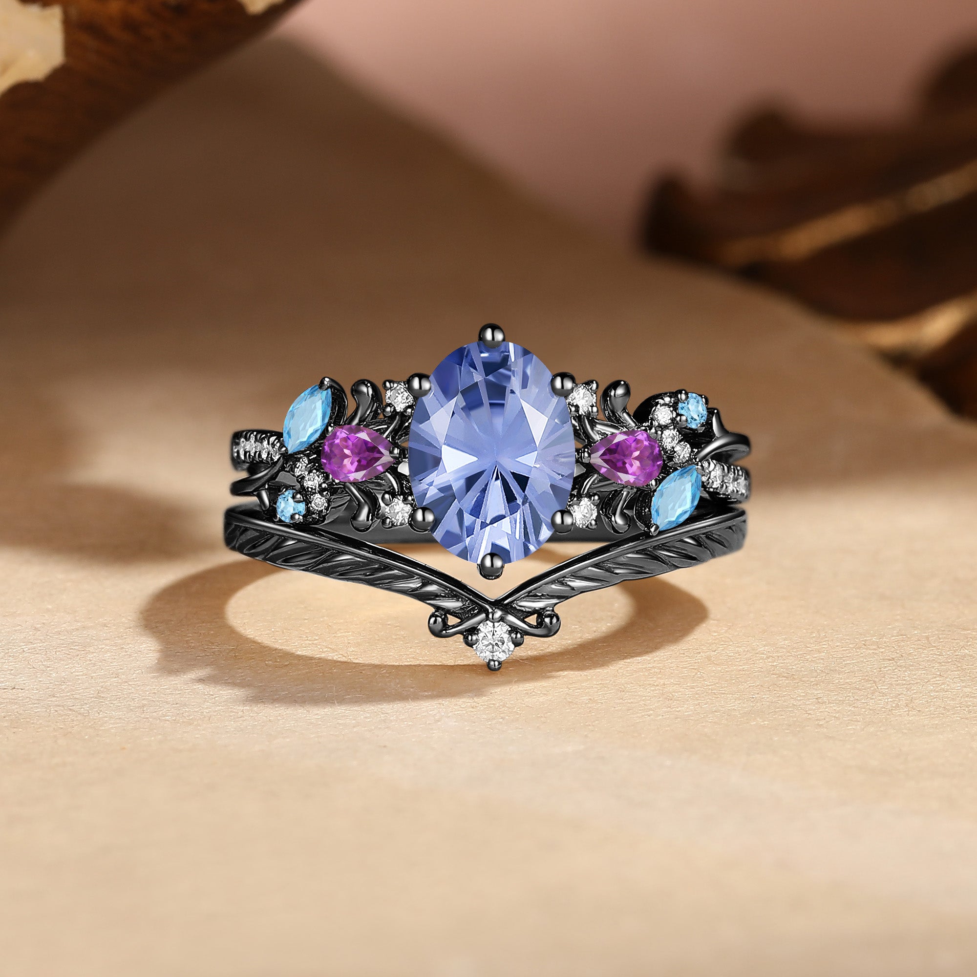 Meadow - Oval Cut Firework Cornflower Sapphire Filigree Engagement Ring Set 2Pcs