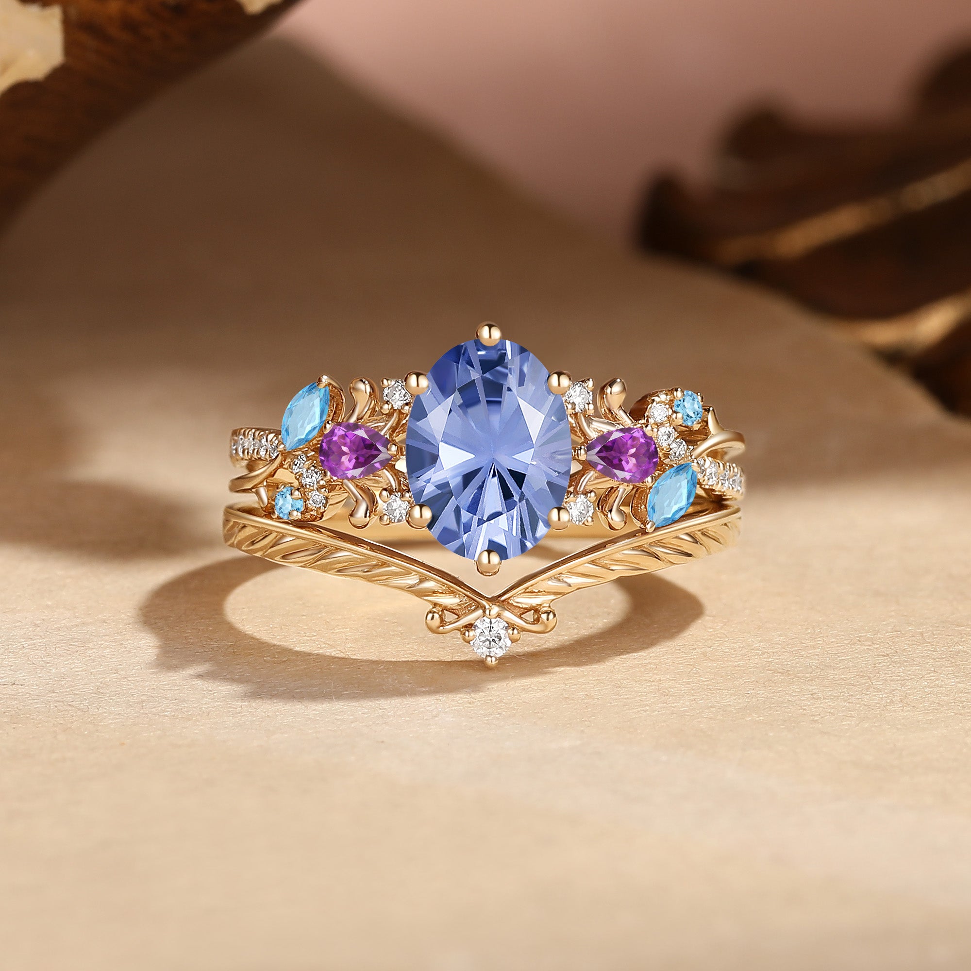 Meadow - Oval Cut Firework Cornflower Sapphire Filigree Engagement Ring Set 2Pcs