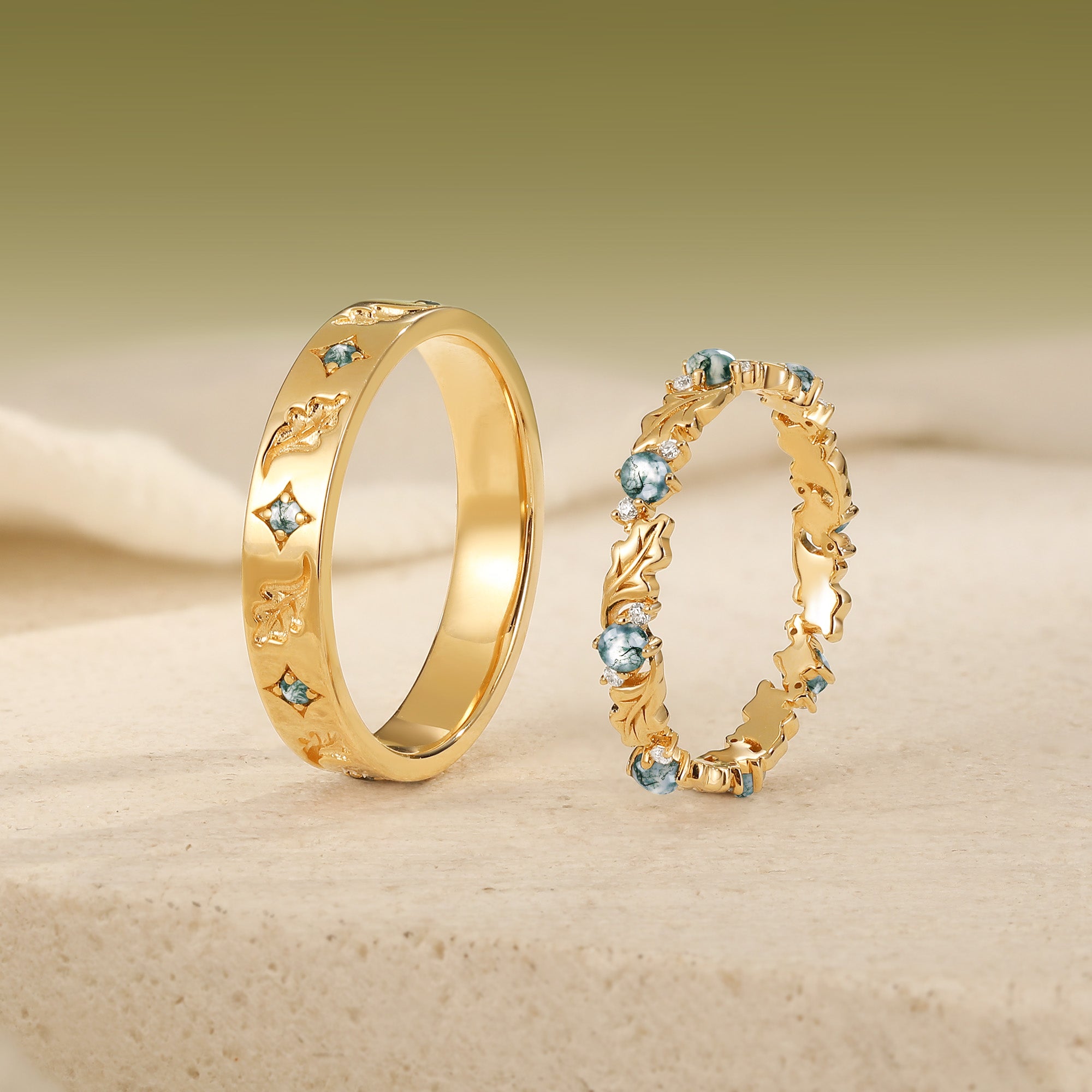 Nature-Inspired Oak Leaf Moss Agate Matching Wedding Band Set