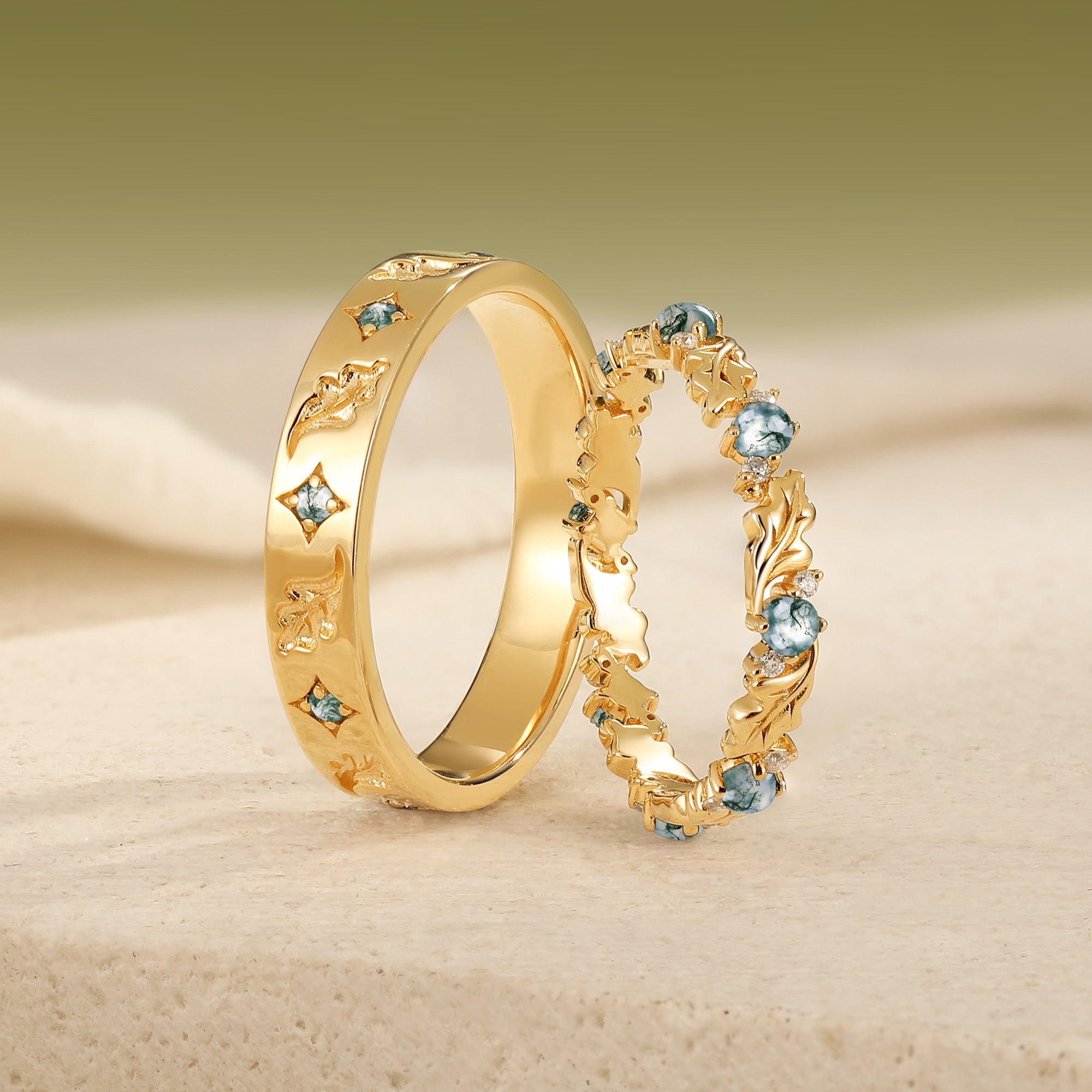 Nature-Inspired Oak Leaf Moss Agate Matching Wedding Band Set