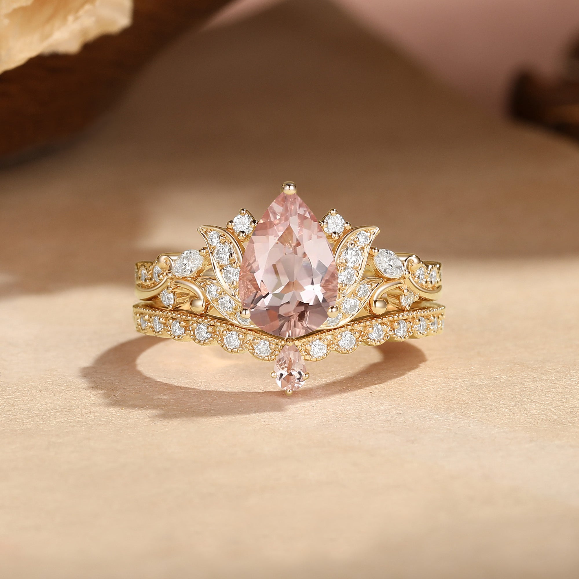 Pear Cut Morganite Acanthus Inspired Art Deco Bridal Set 2pcs - Nova