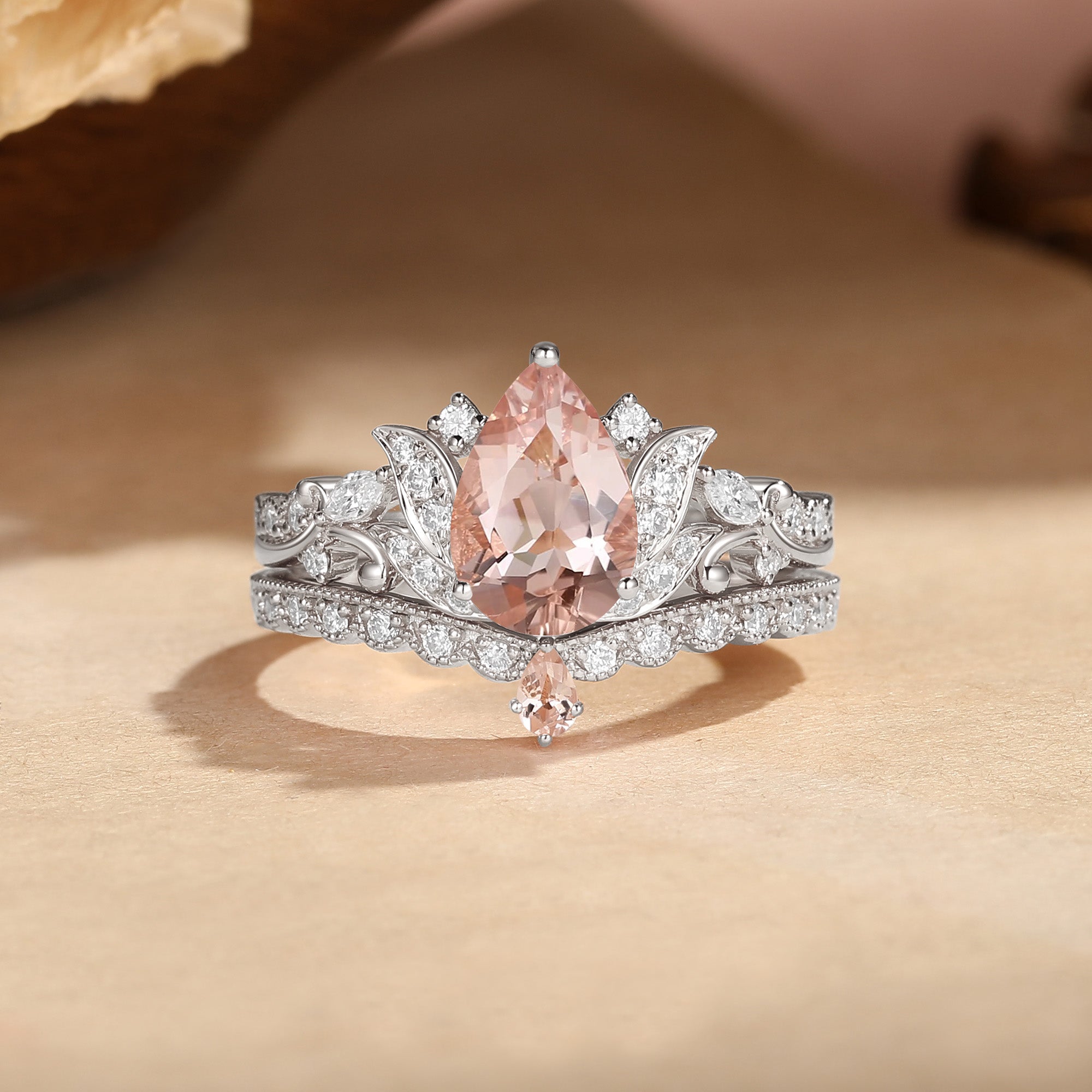 Pear Cut Morganite Acanthus Inspired Art Deco Bridal Set 2pcs - Nova