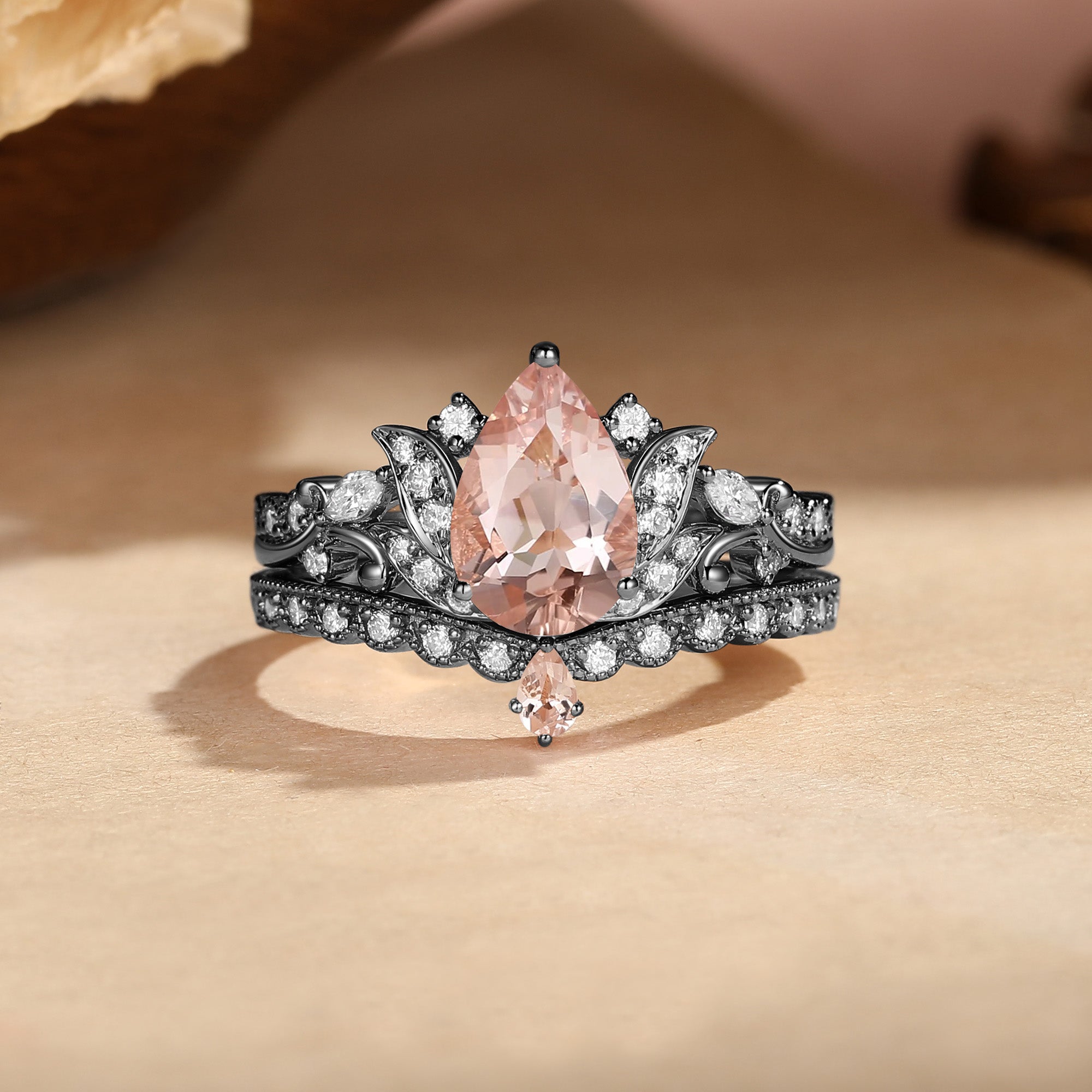 Pear Cut Morganite Acanthus Inspired Art Deco Bridal Set 2pcs - Nova