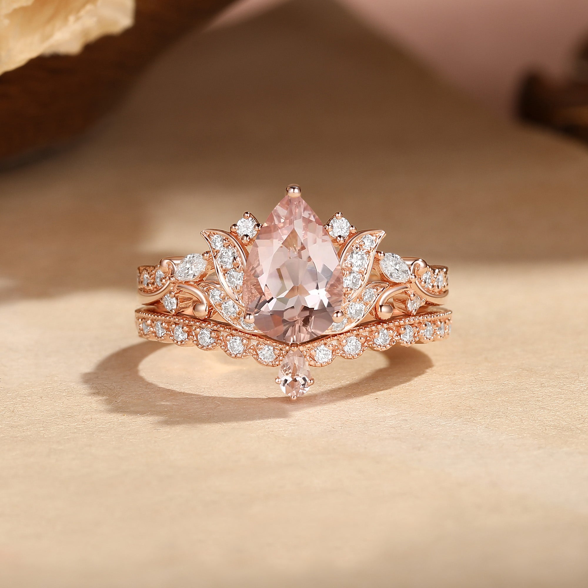 Pear Cut Morganite Acanthus Inspired Art Deco Bridal Set 2pcs - Nova