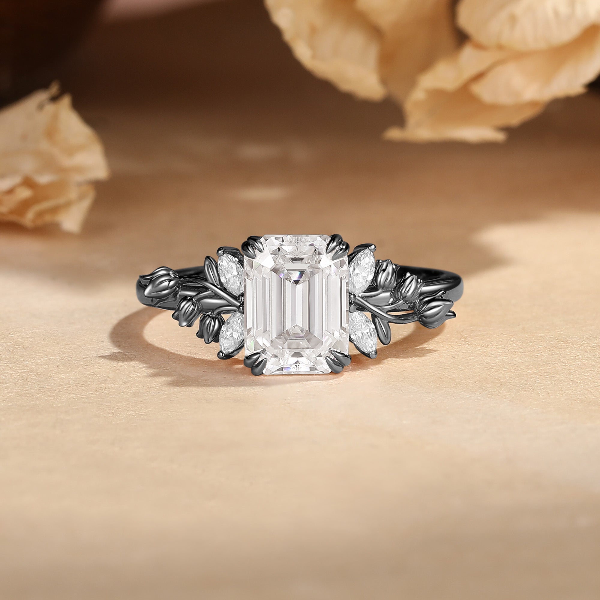 Eugenia - Emerald Cut Moissanite Flower Enamel Fairy BlingFlare Engagement Ring