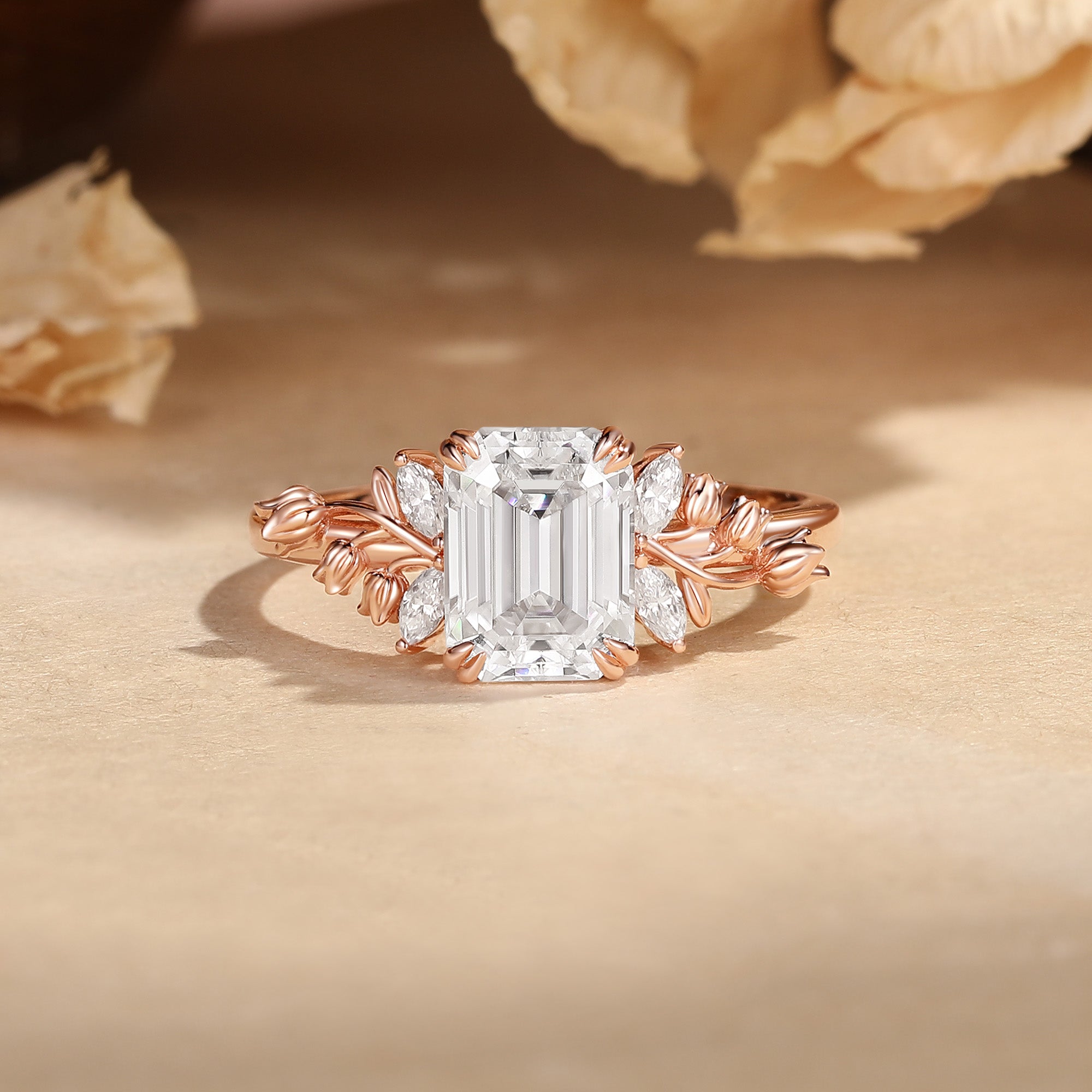 Eugenia - Emerald Cut Moissanite Flower Enamel Fairy BlingFlare Engagement Ring