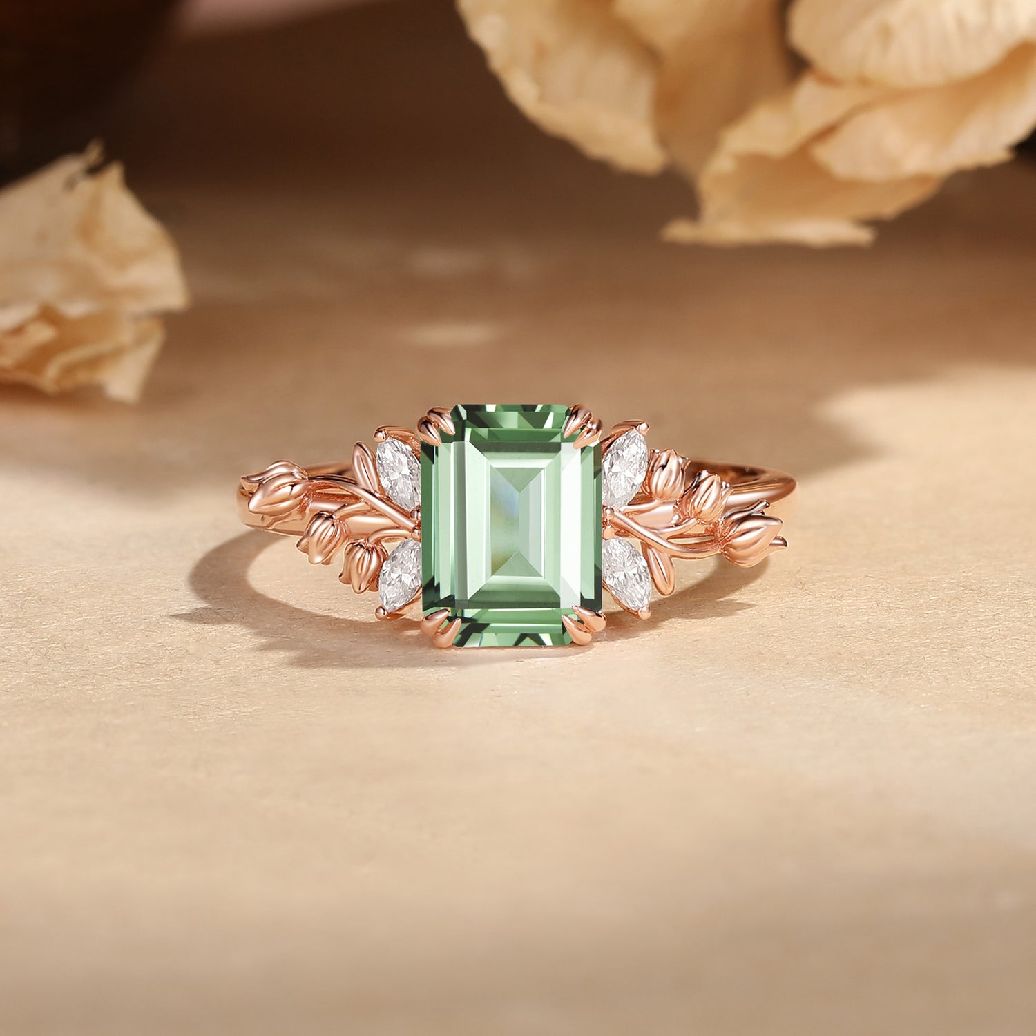 Emerald Cut Green Sapphire Flower Enamel Fairy BlingFlare Engagement Ring - Eugenia