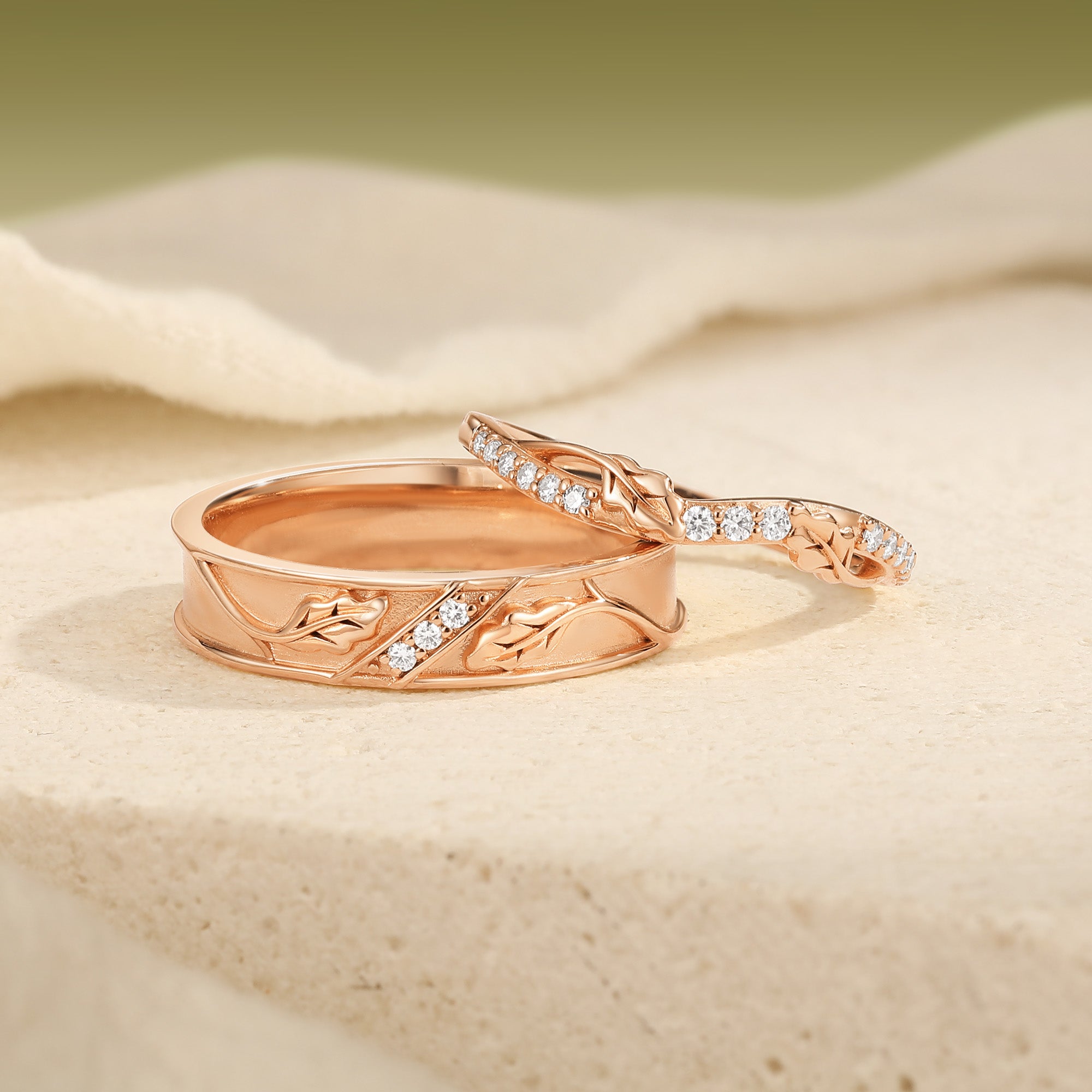 Oak Leaf Vine Moissanite Accent Couple Wedding Band