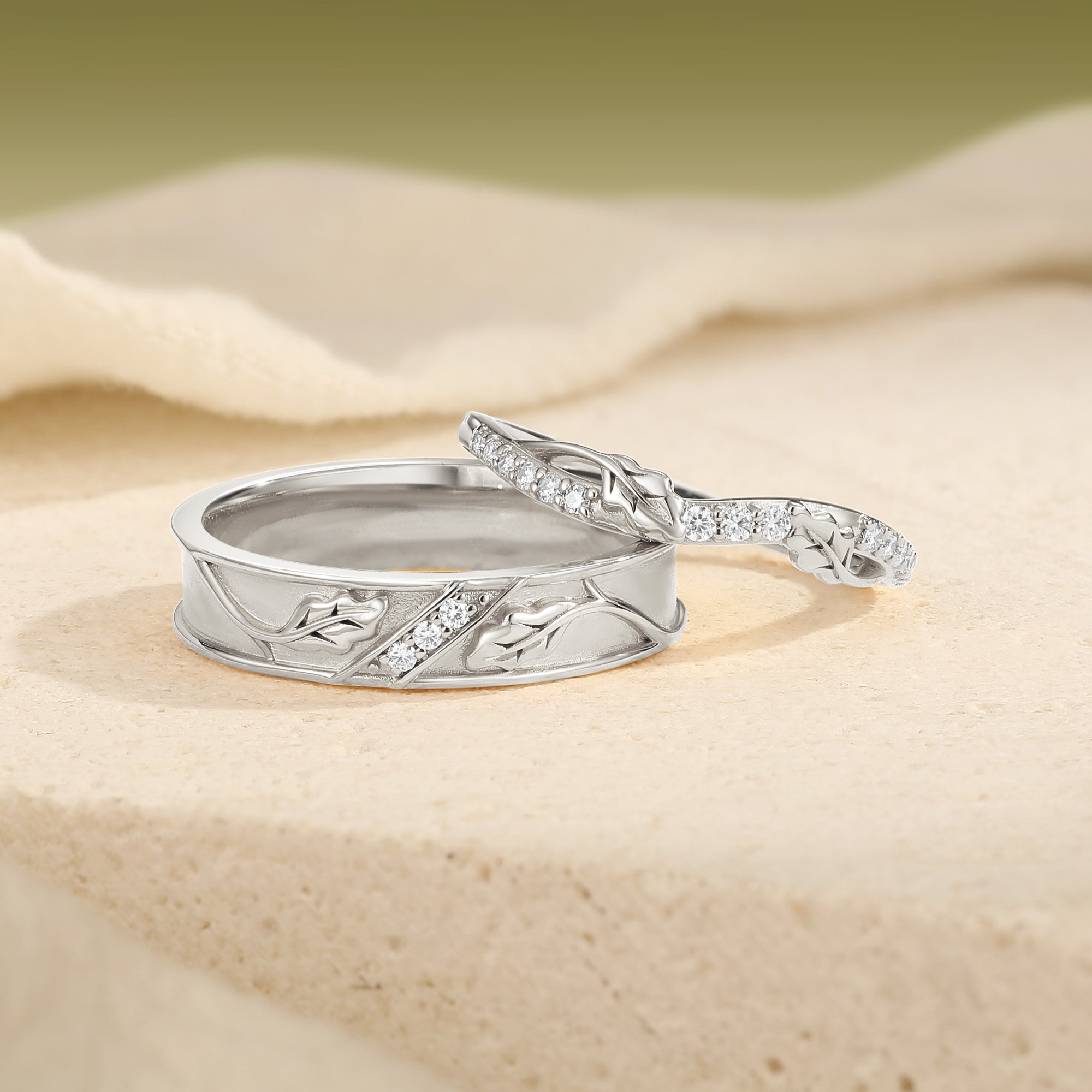 Oak Leaf Vine Moissanite Accent Couple Wedding Band