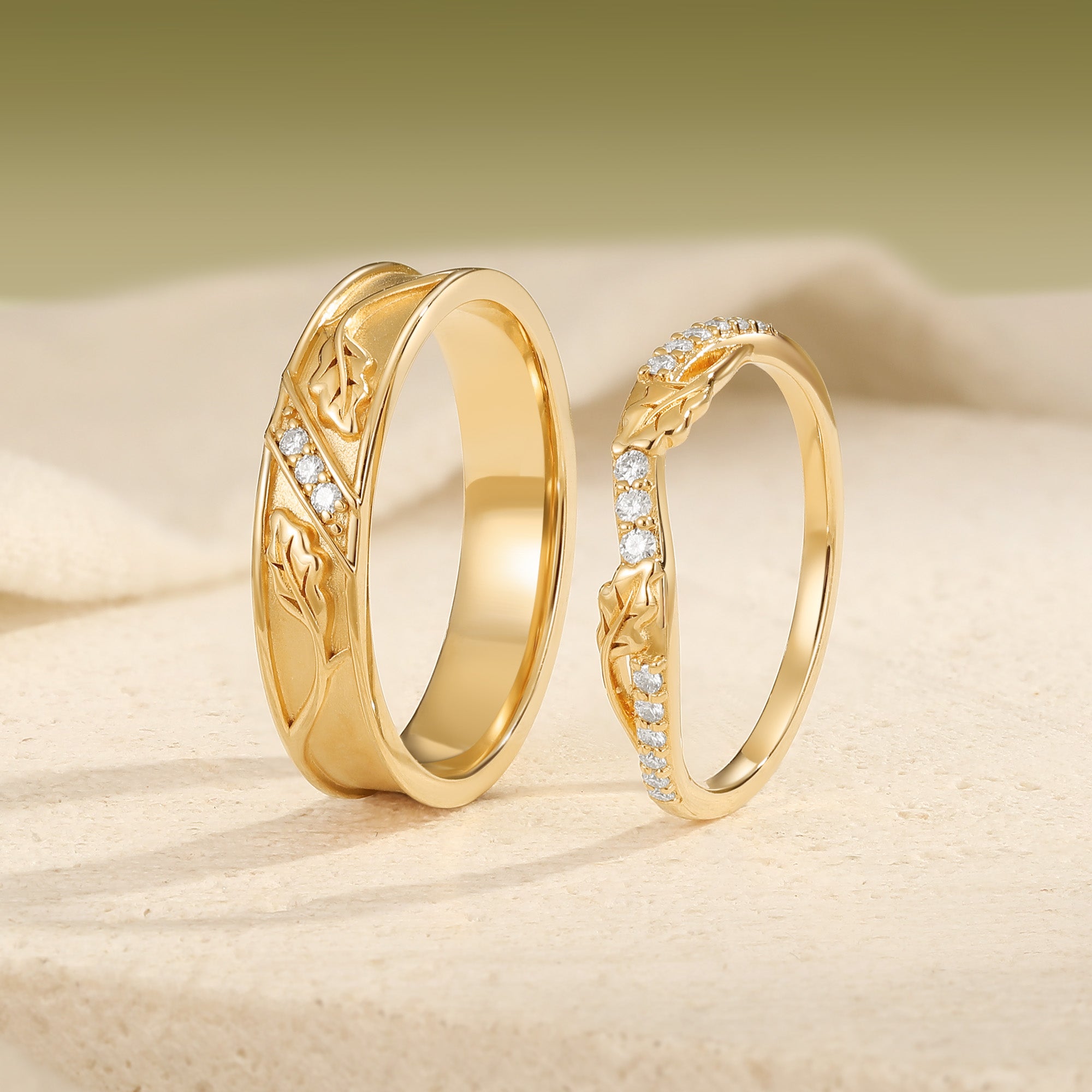 Oak Leaf Vine Moissanite Accent Couple Wedding Band