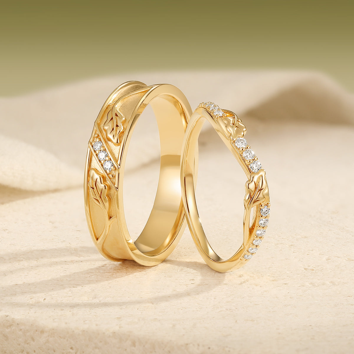 Oak Leaf Vine Moissanite Accent Couple Wedding Band