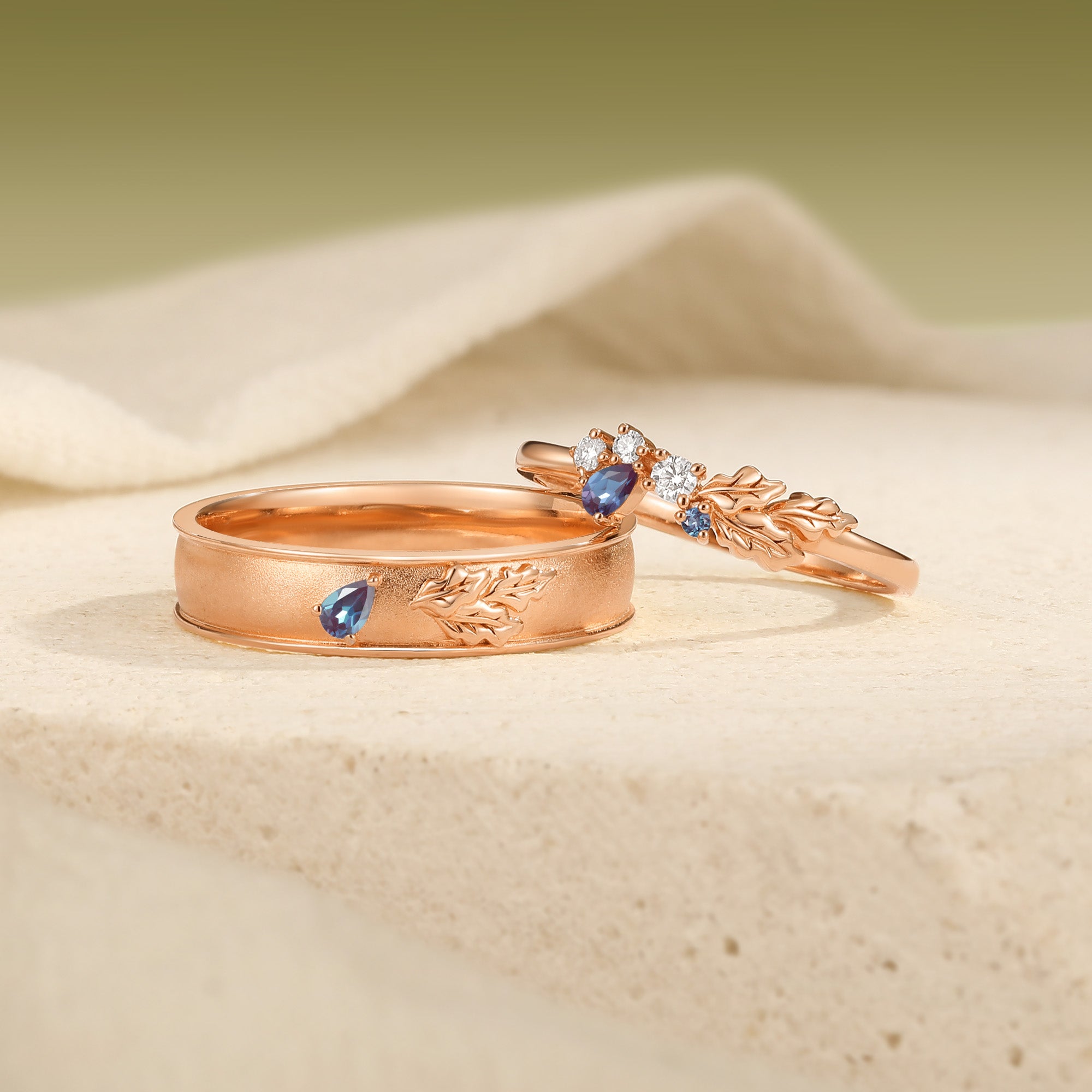 Classic Oak Leaf Pear Cut Alexandrite Promise Anniversary Couple Ring