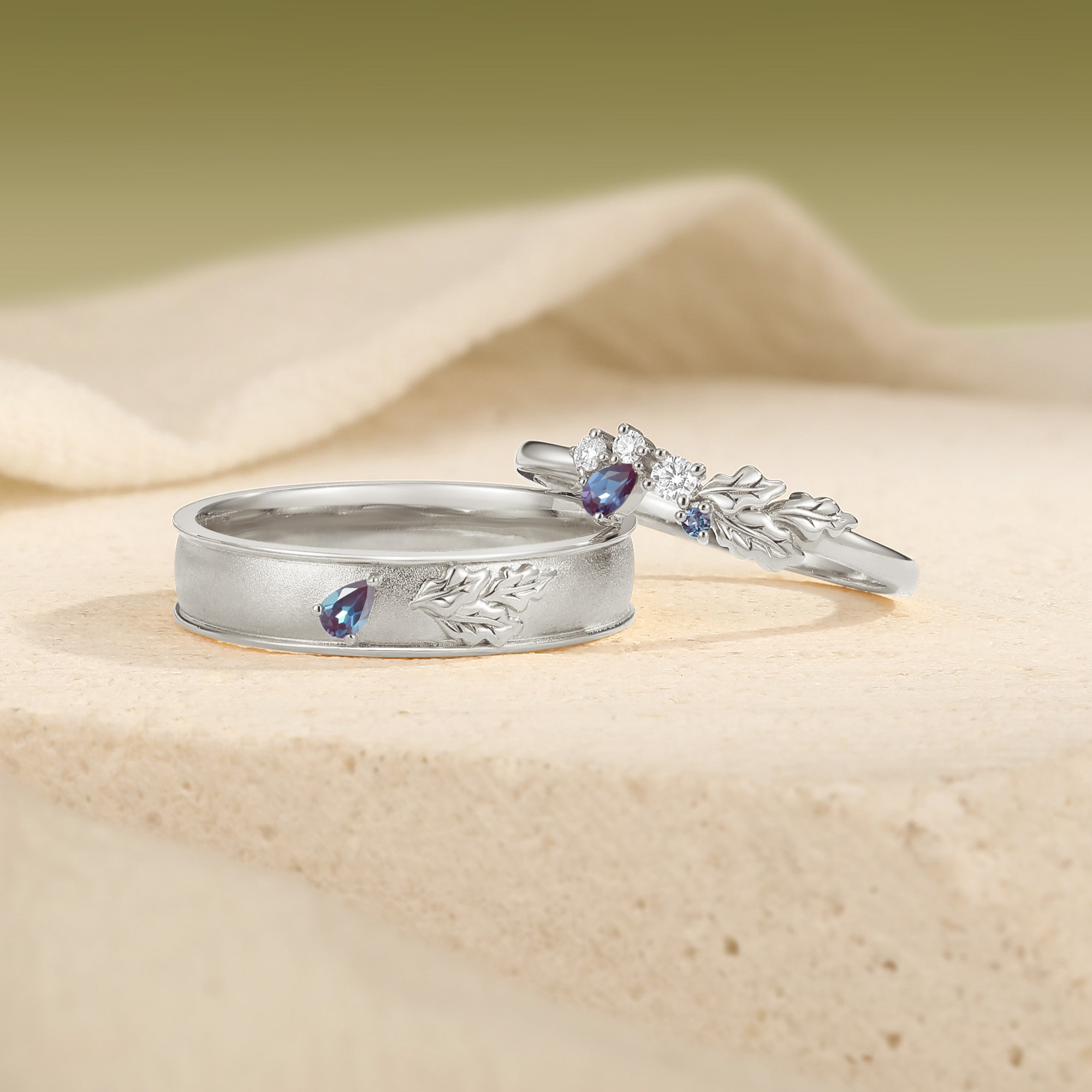 Classic Oak Leaf Pear Cut Alexandrite Promise Anniversary Couple Ring