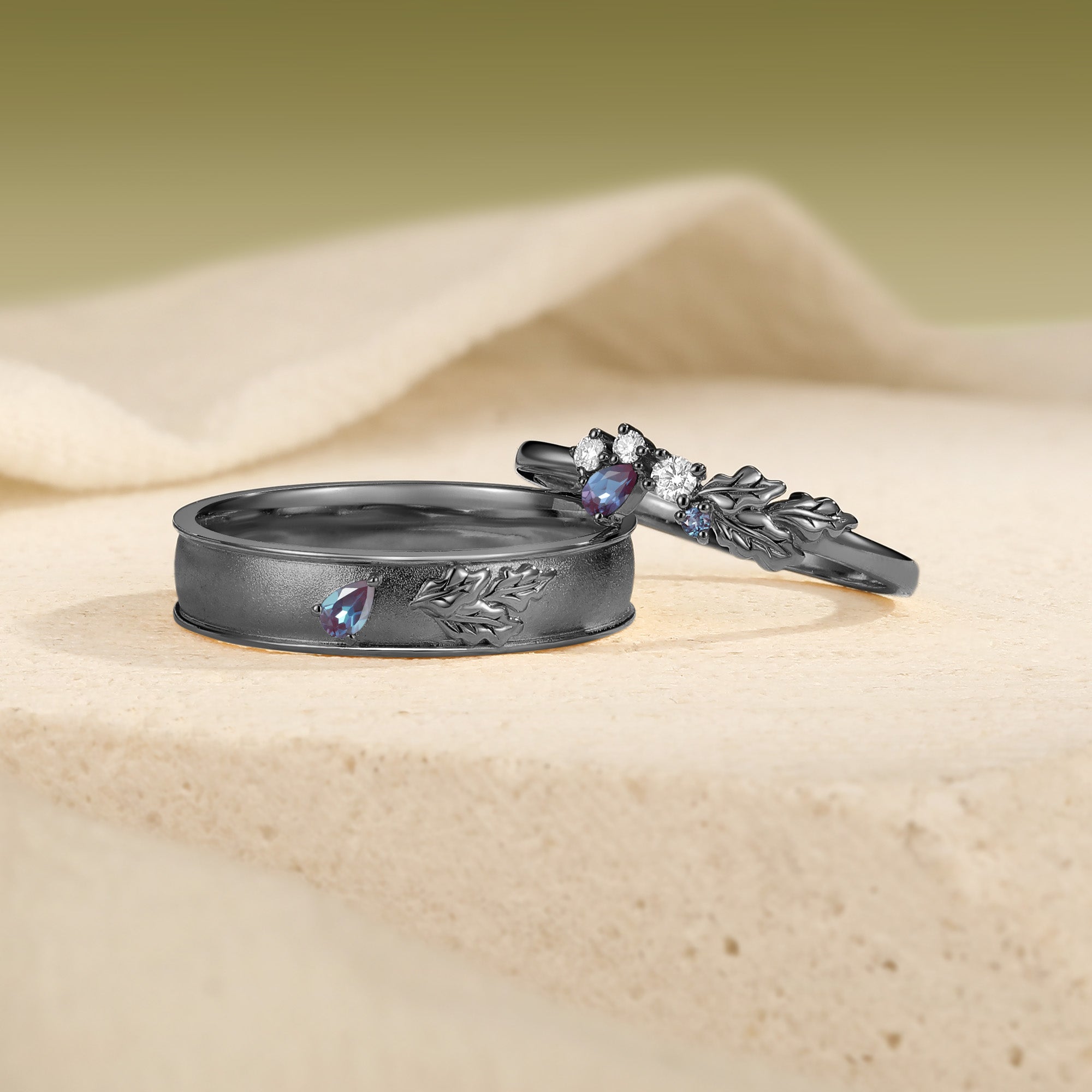 Classic Oak Leaf Pear Cut Alexandrite Promise Anniversary Couple Ring