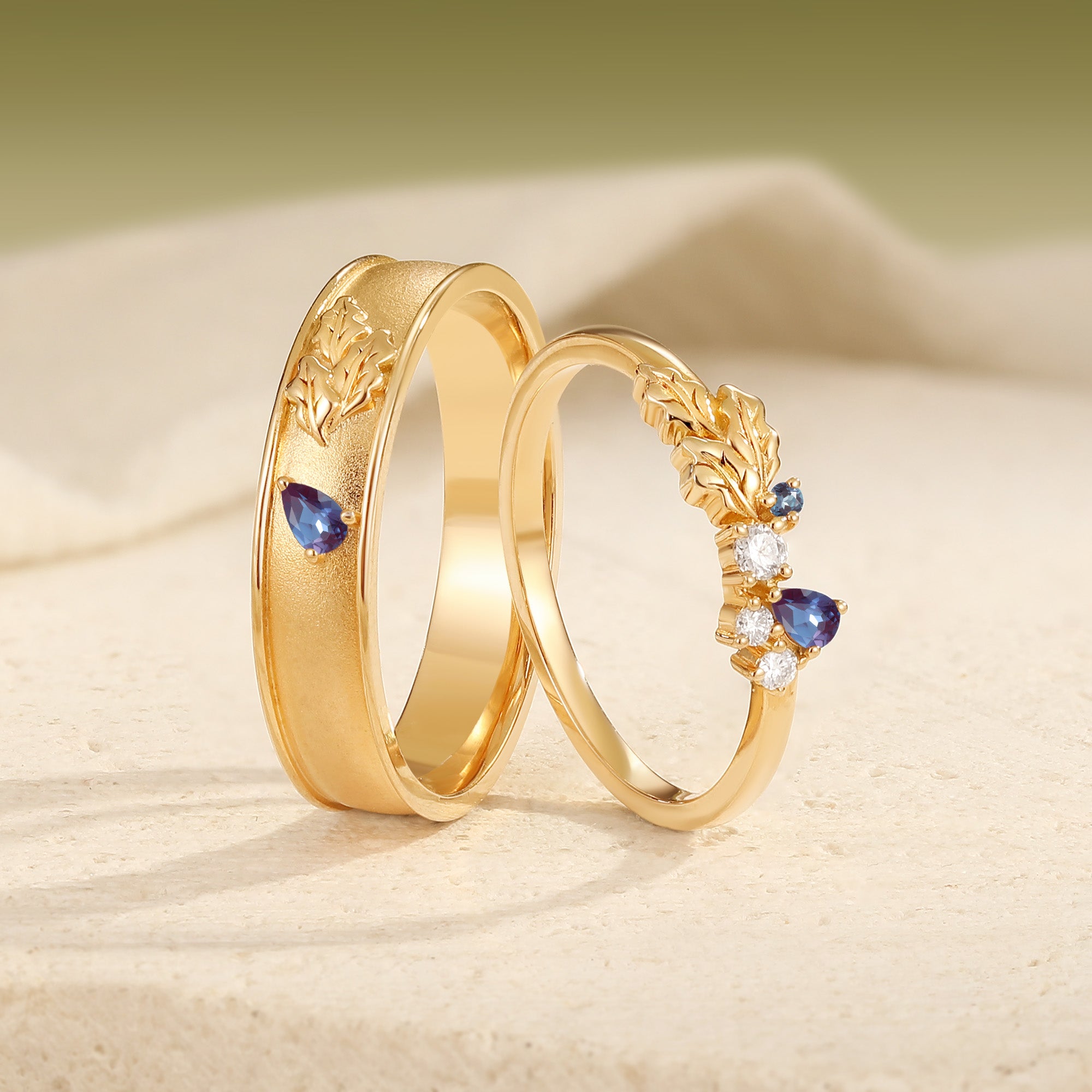 Classic Oak Leaf Pear Cut Alexandrite Promise Anniversary Couple Ring