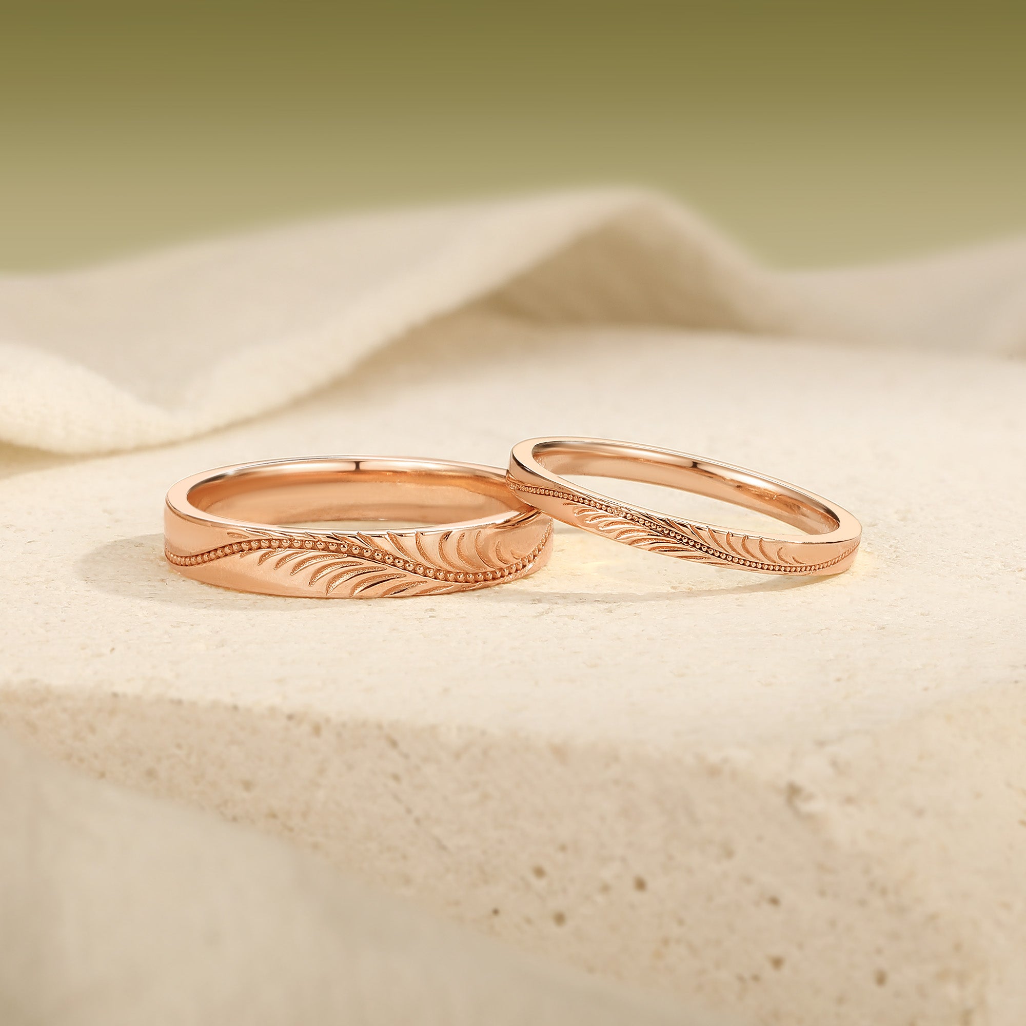 Vintage Feather-Engraved Milgrain Wedding Promise Anniversary Rings