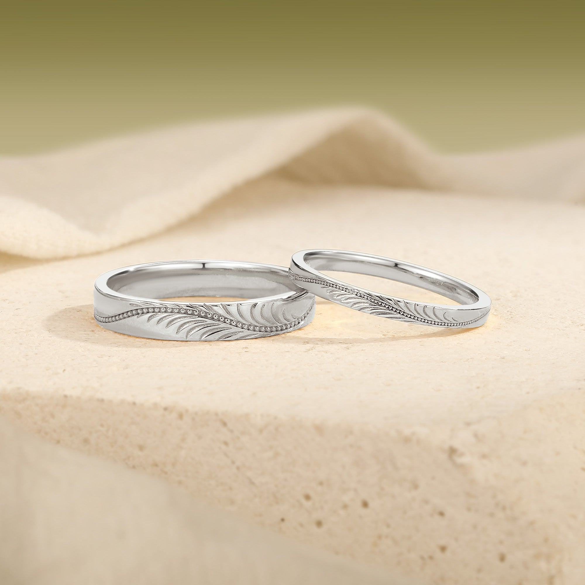 Vintage Feather-Engraved Milgrain Wedding Promise Anniversary Rings
