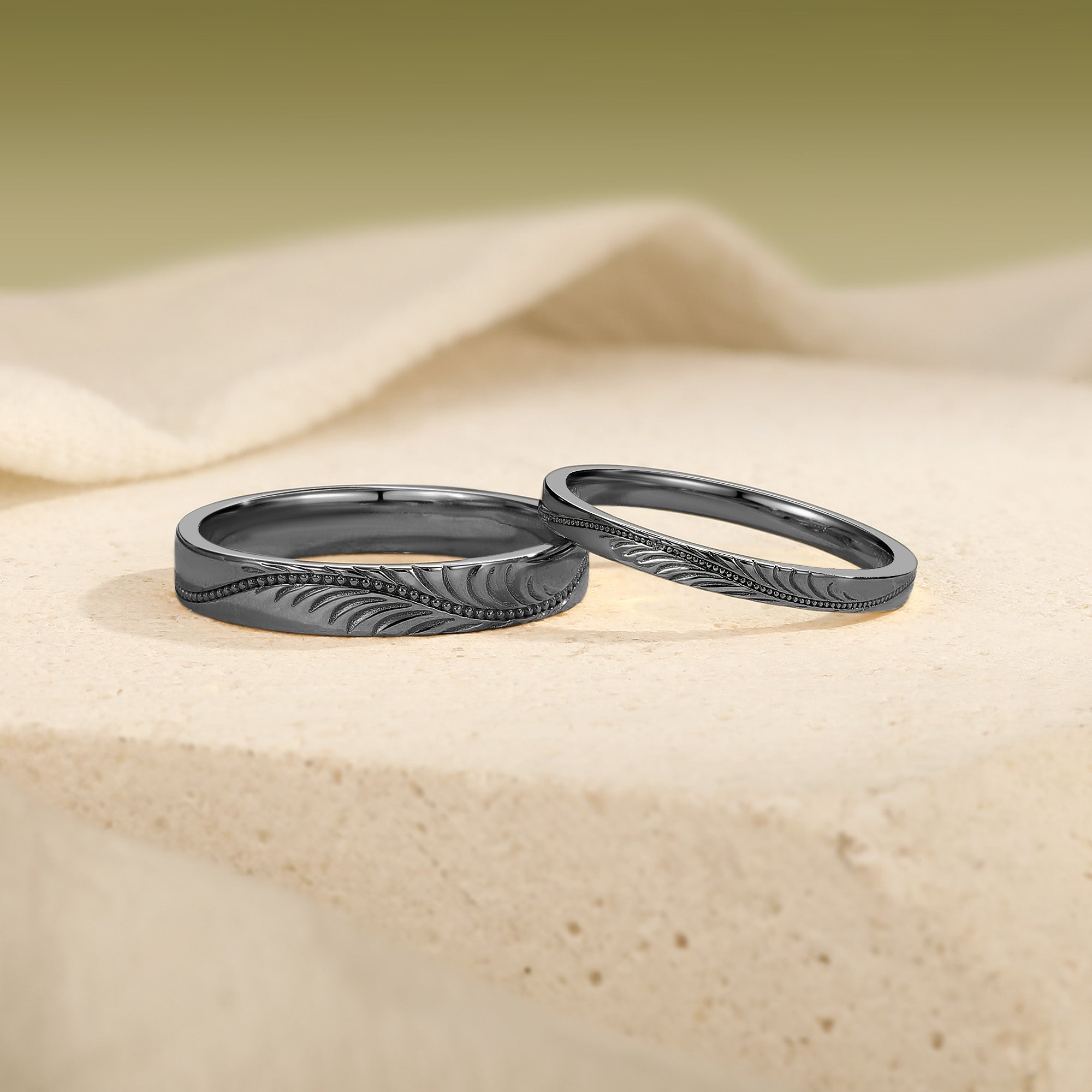 Vintage Feather-Engraved Milgrain Wedding Promise Anniversary Rings