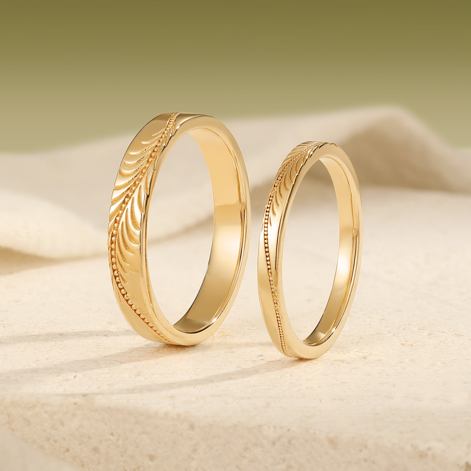 Vintage Feather-Engraved Milgrain Wedding Promise Anniversary Rings