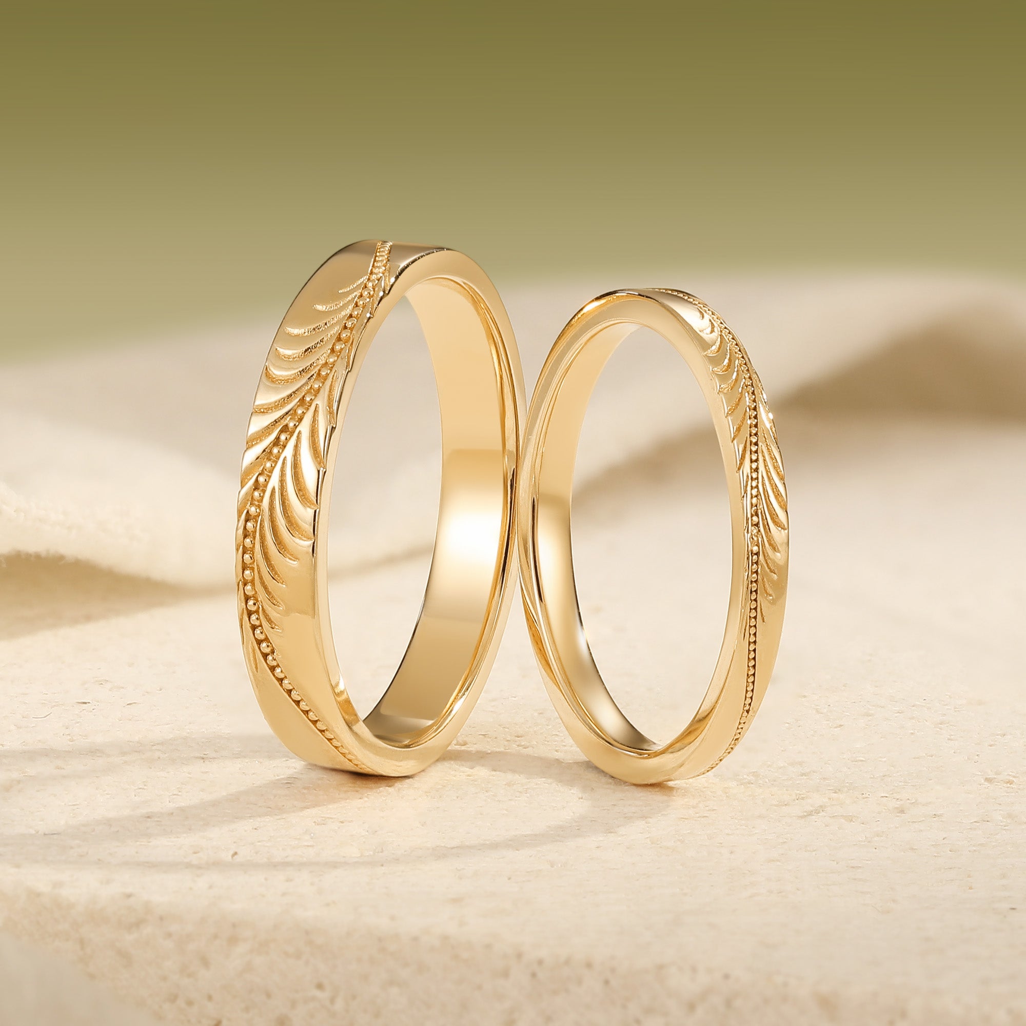 Vintage Feather-Engraved Milgrain Wedding Promise Anniversary Rings