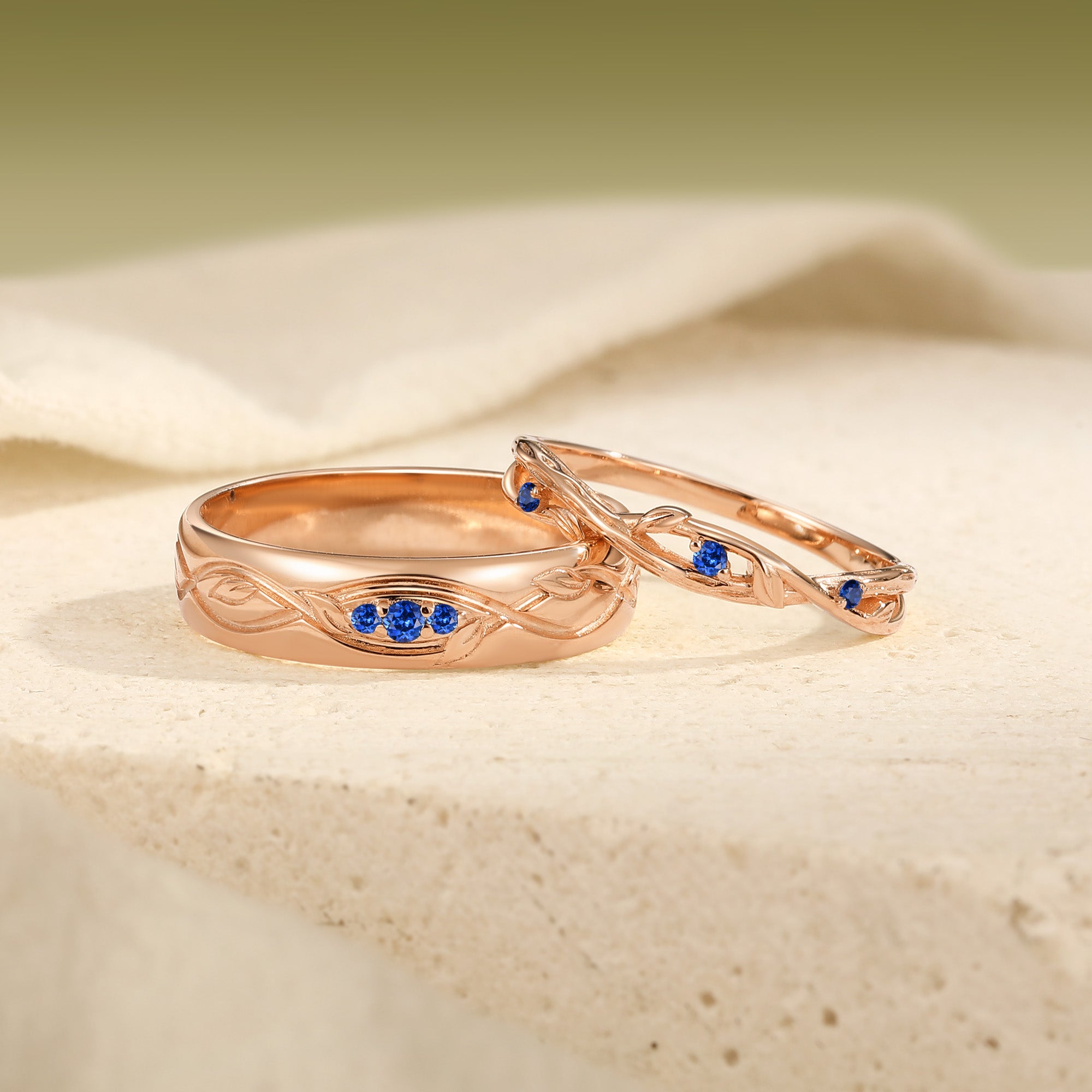 Intertwined Vine Carved Sapphire Matching Promise Anniversary Rings