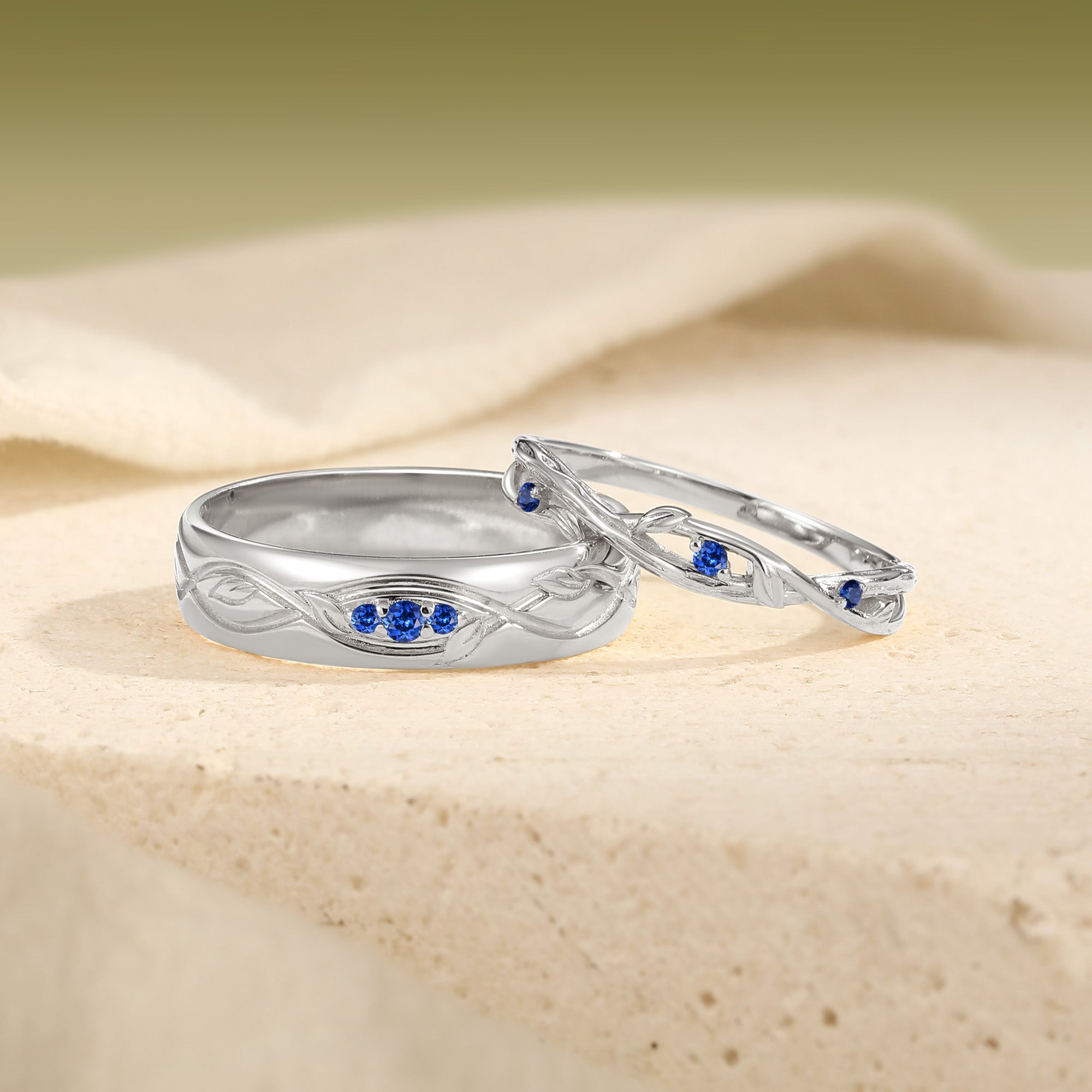 Intertwined Vine Carved Sapphire Matching Promise Anniversary Rings