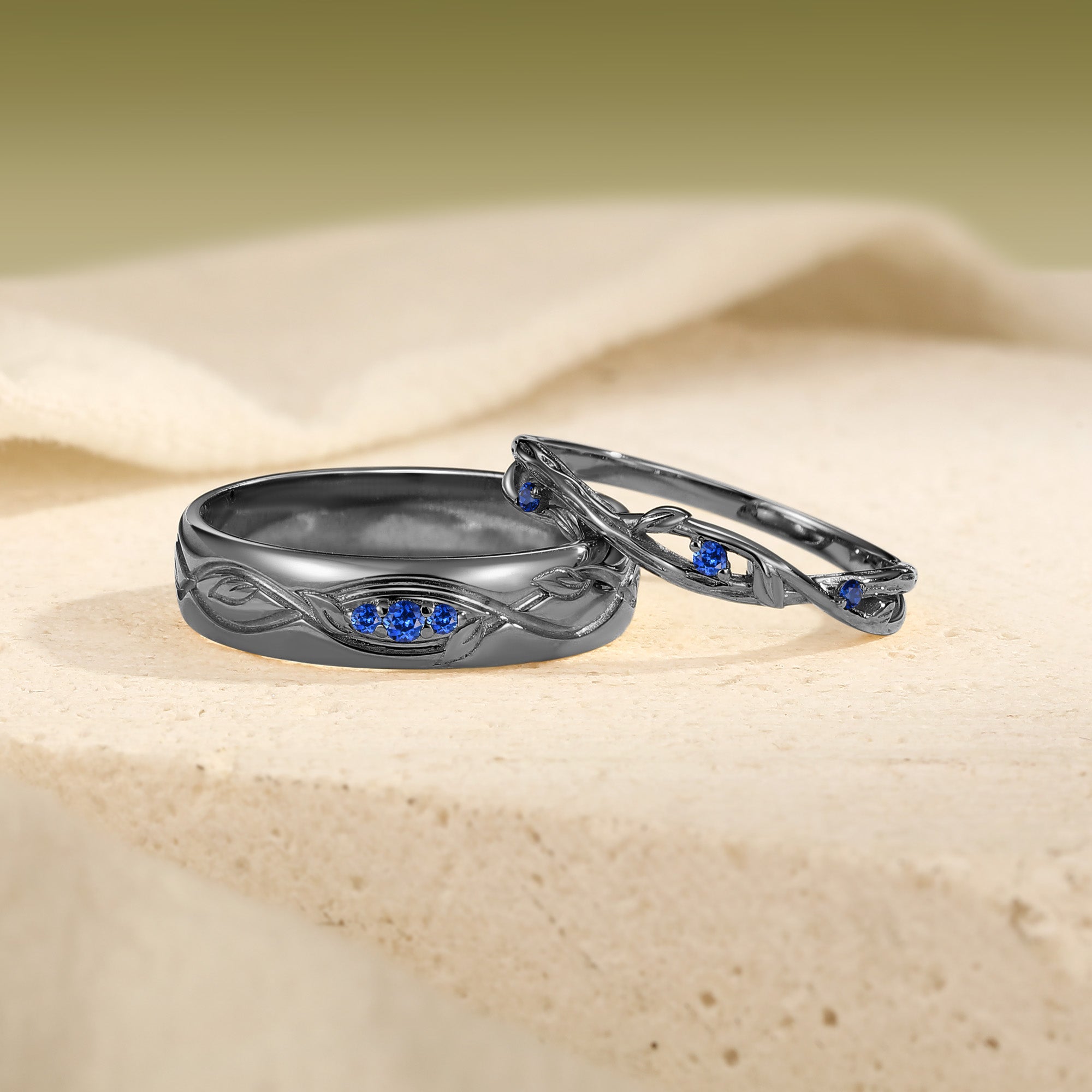 Intertwined Vine Carved Sapphire Matching Promise Anniversary Rings