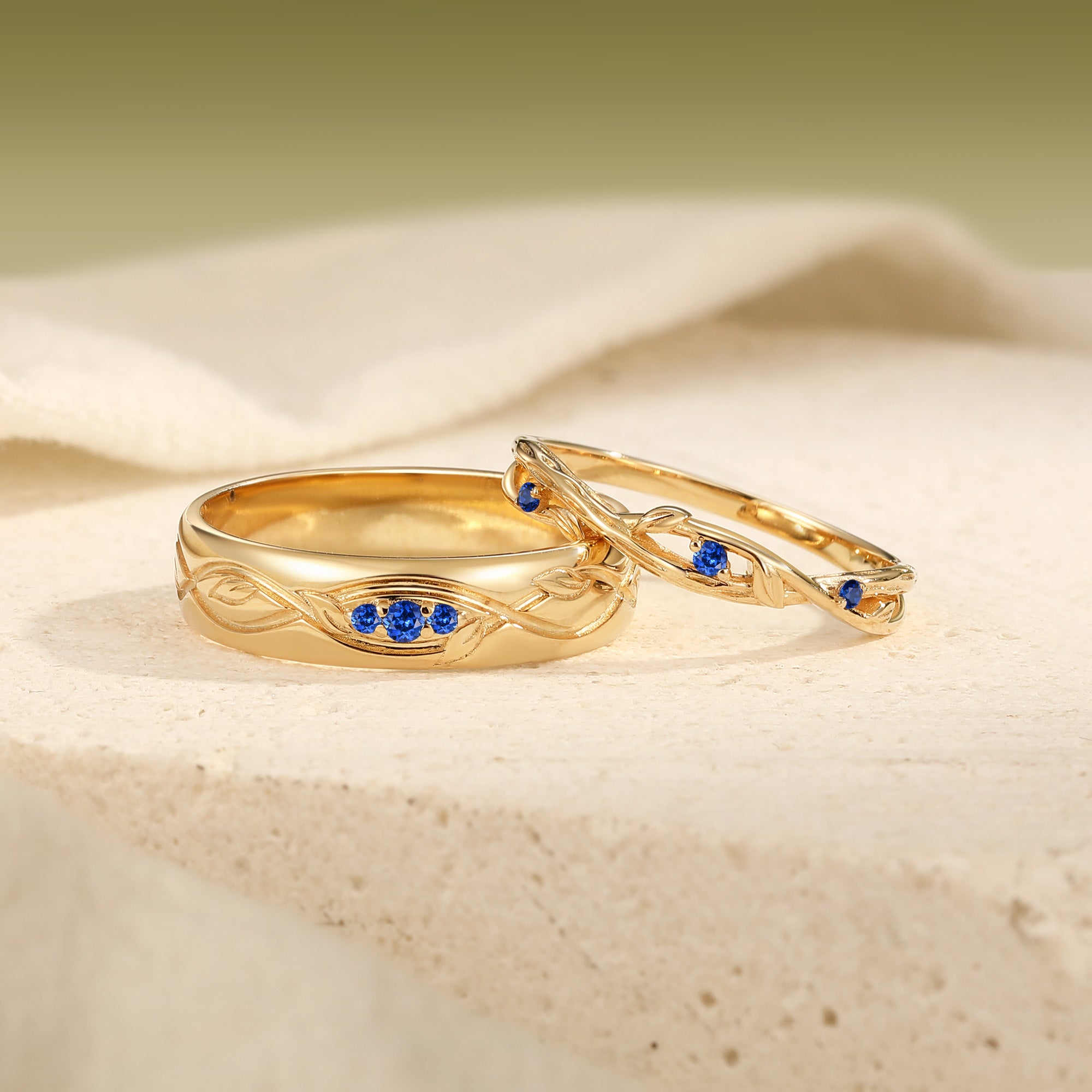 Intertwined Vine Carved Sapphire Matching Promise Anniversary Rings