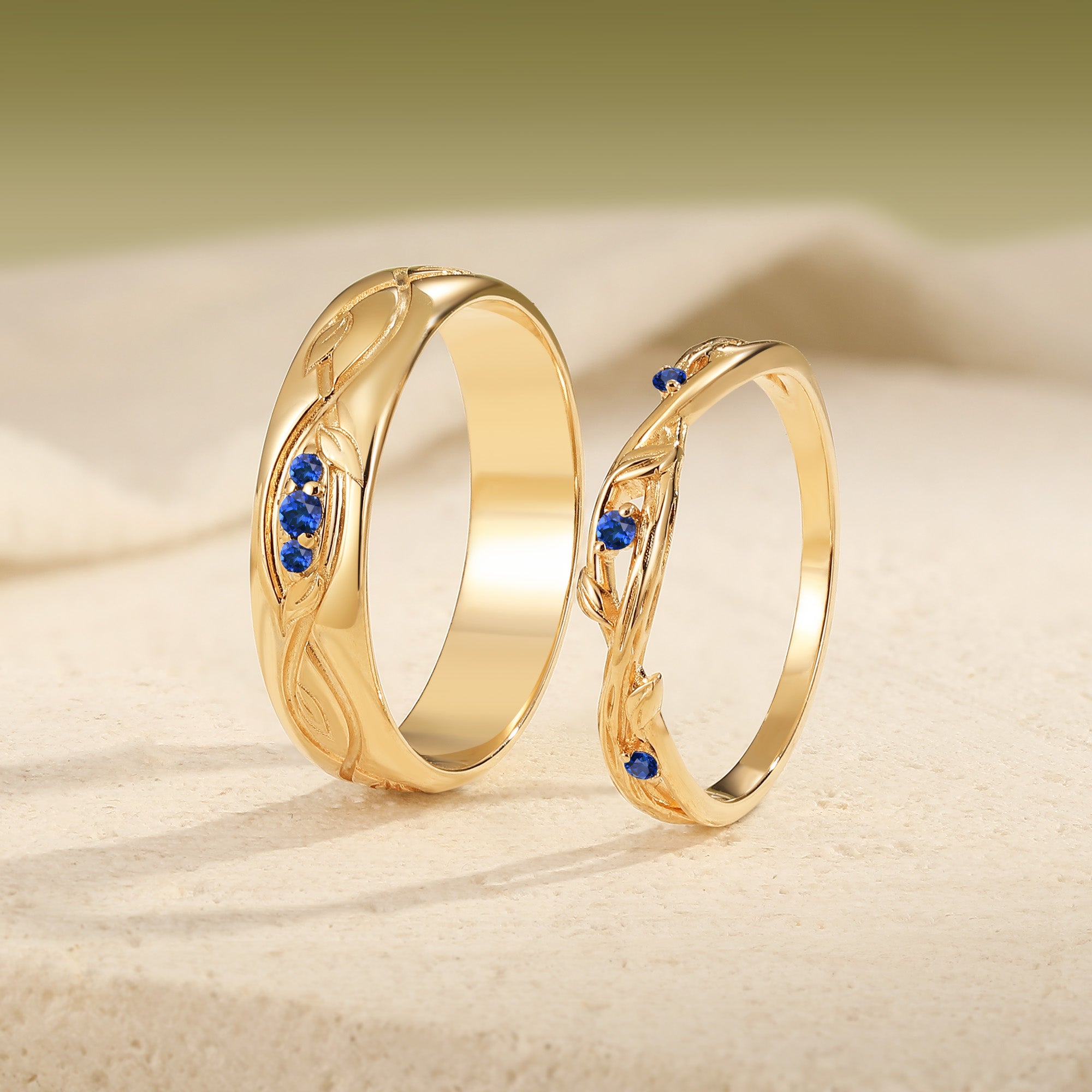 Intertwined Vine Carved Sapphire Matching Promise Anniversary Rings
