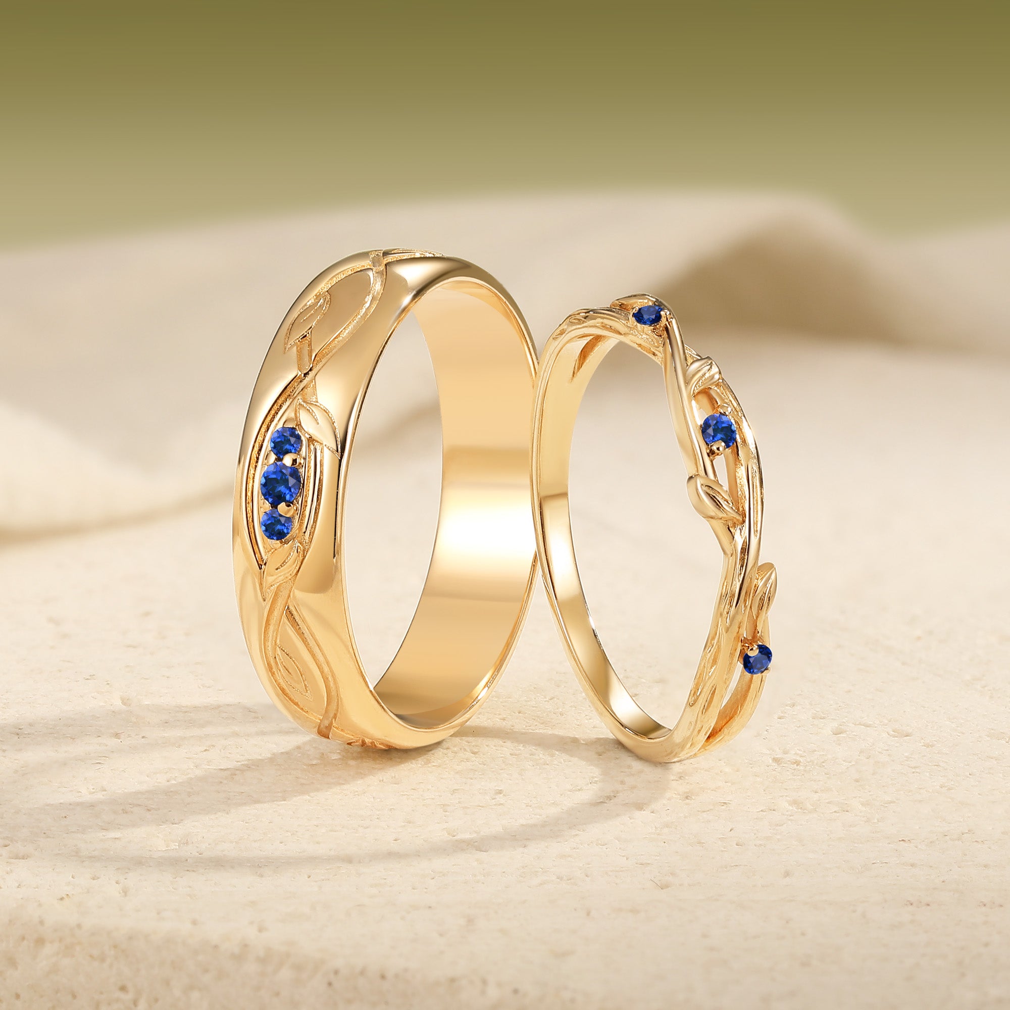 Intertwined Vine Carved Sapphire Matching Promise Anniversary Rings