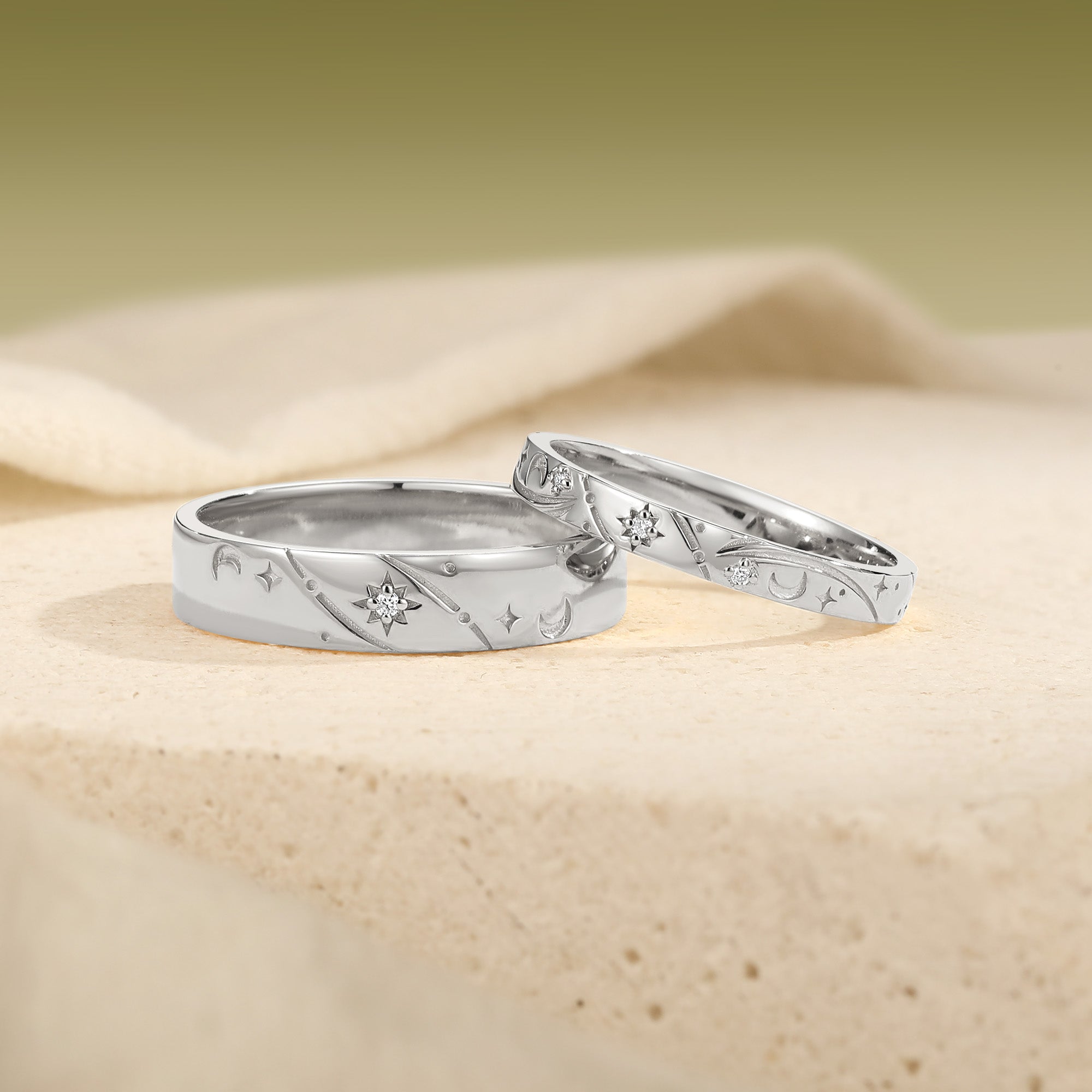 Celestial Sun Moon Star Engraved Promise Anniversary Rings