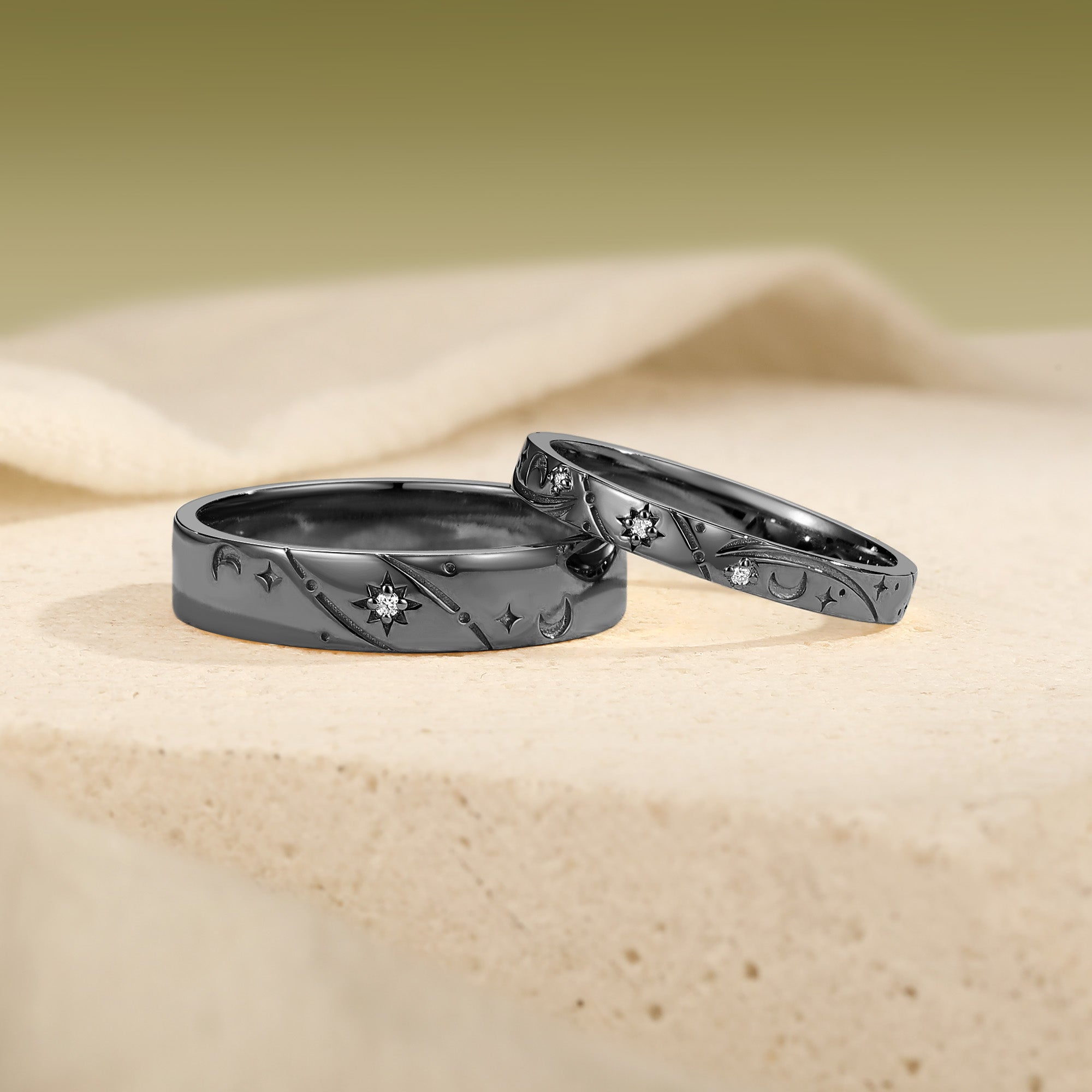 Celestial Sun Moon Star Engraved Promise Anniversary Rings