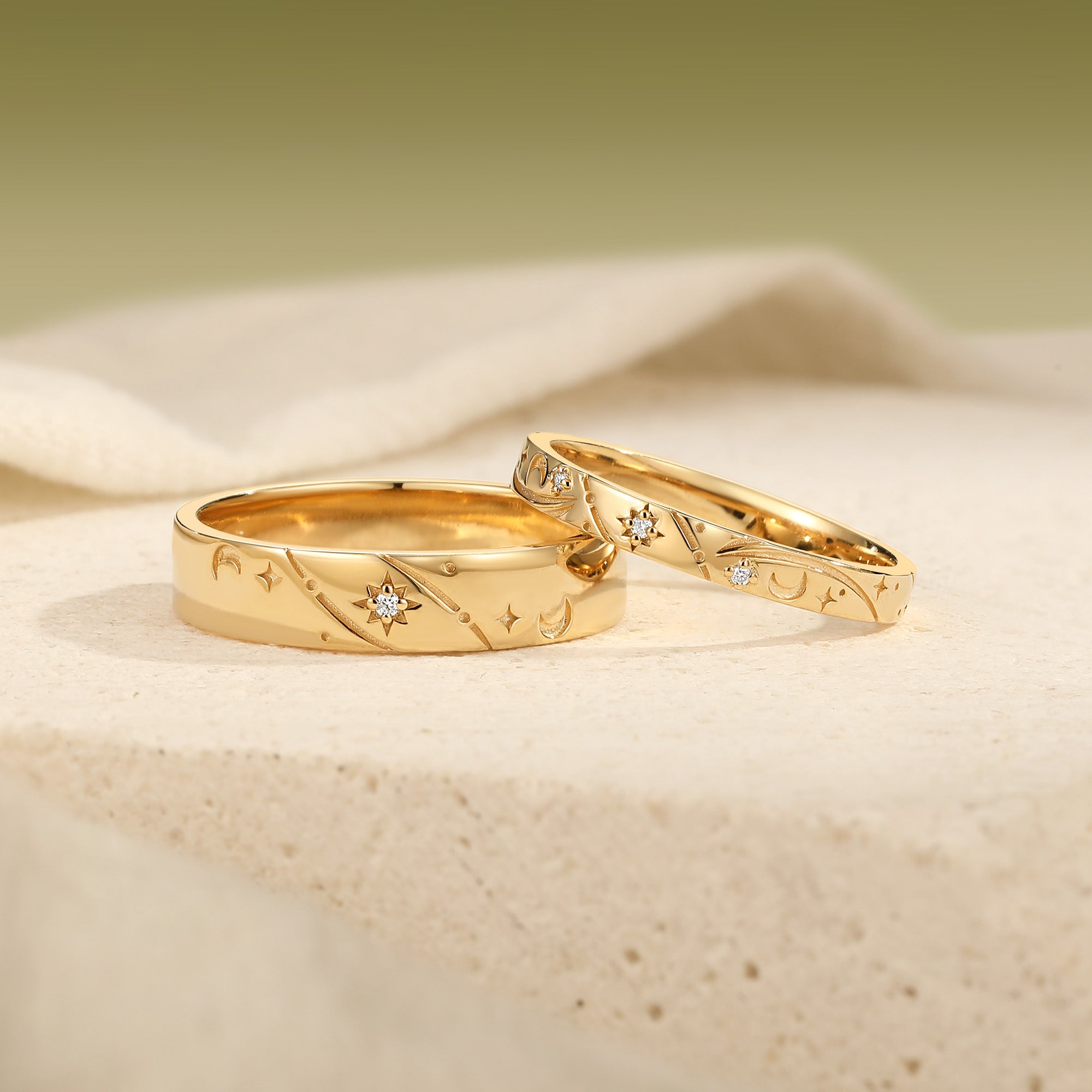 Celestial Sun Moon Star Engraved Promise Anniversary Rings