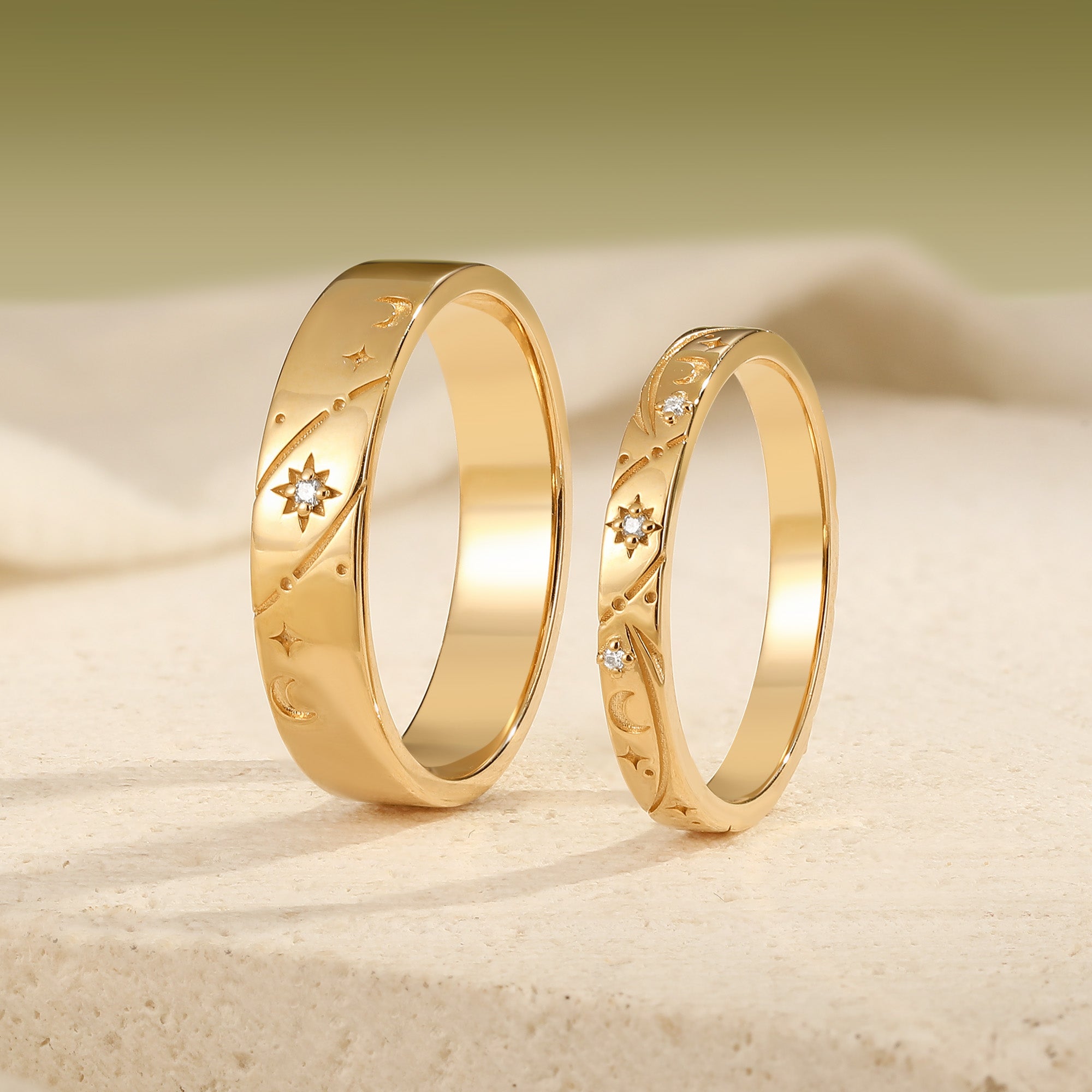 Celestial Sun Moon Star Engraved Promise Anniversary Rings
