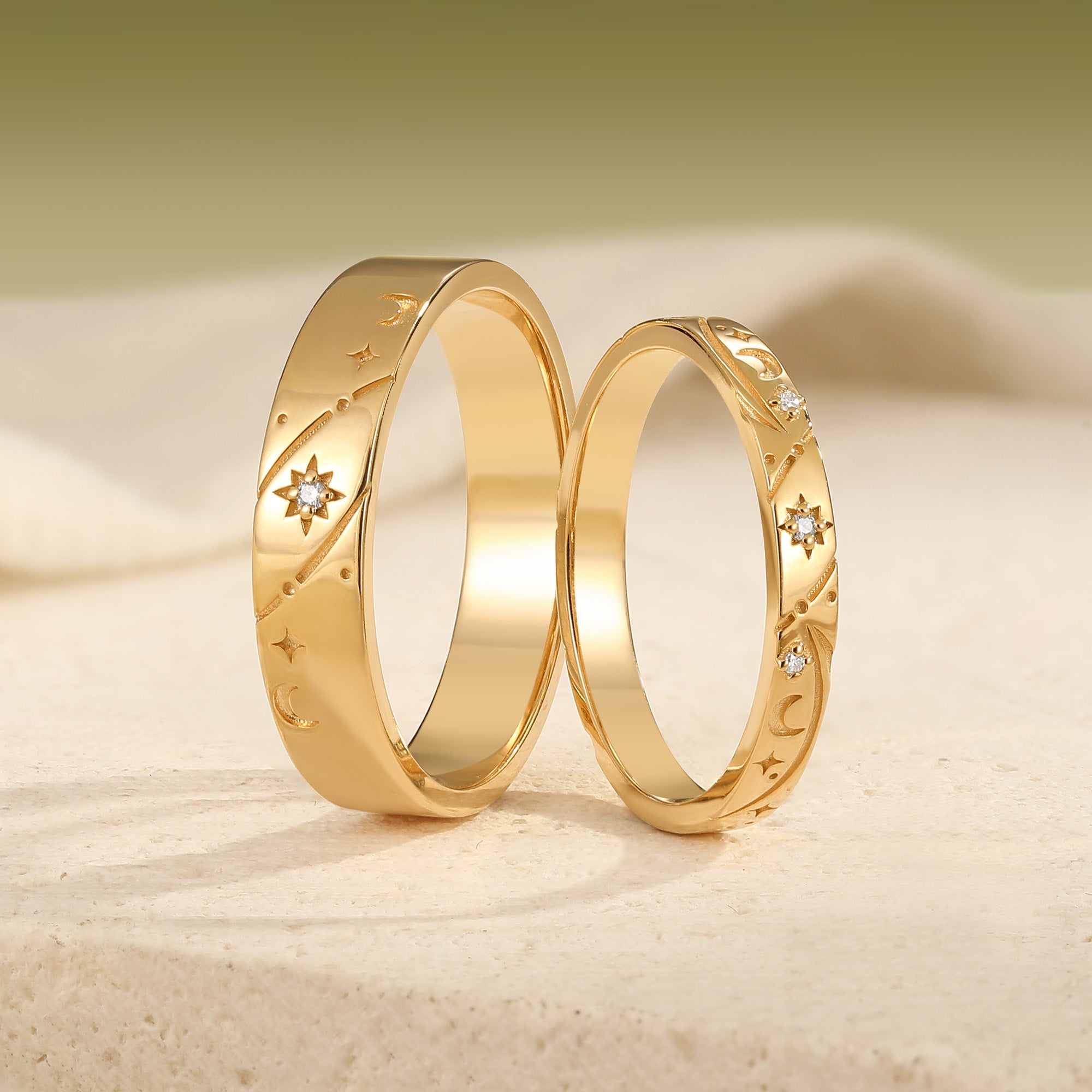 Celestial Sun Moon Star Engraved Promise Anniversary Rings