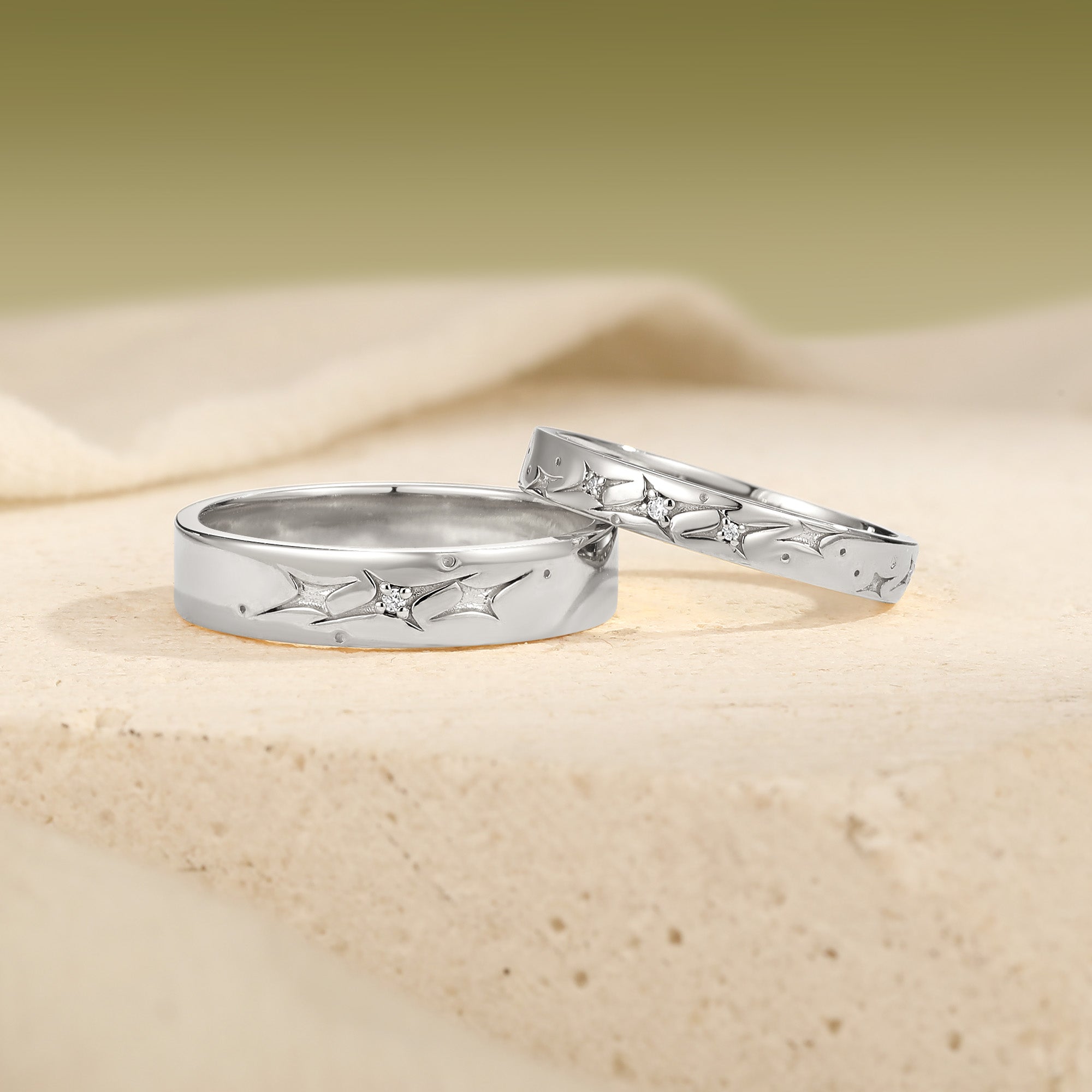 Celestial Four‑Pointed Star Constellation Engraved Promise Anniversary Rings
