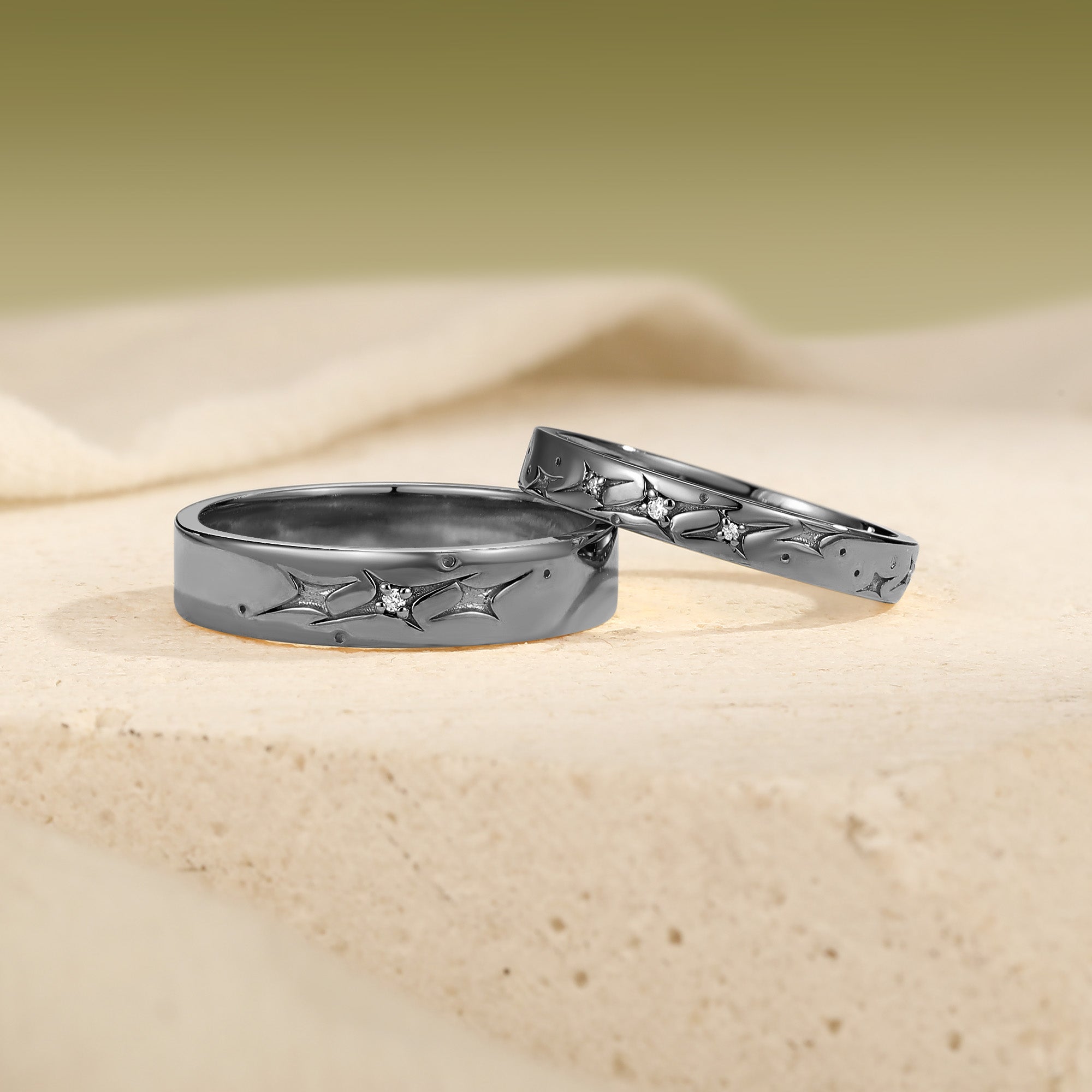 Celestial Four‑Pointed Star Constellation Engraved Promise Anniversary Rings