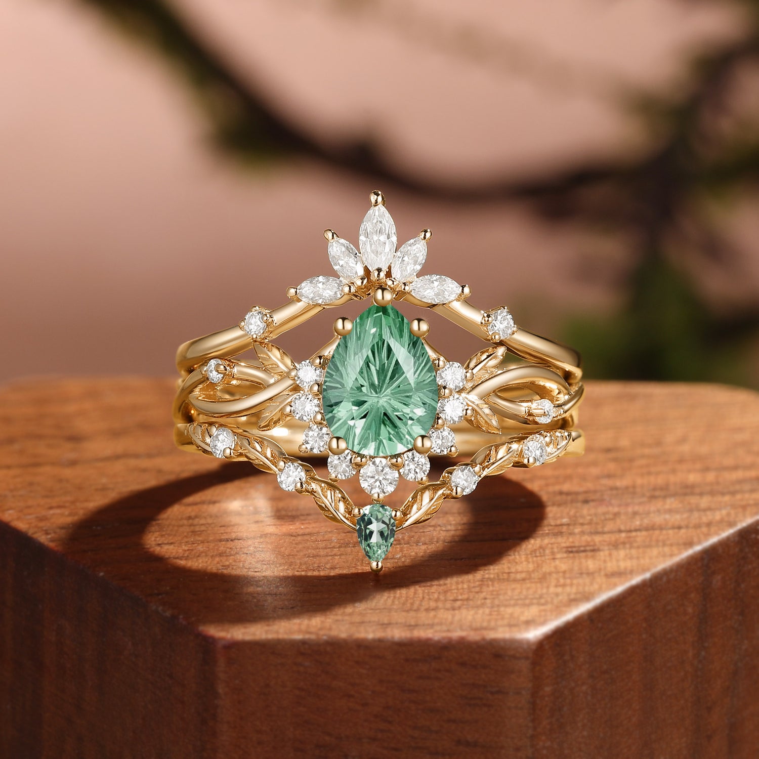 Fireworks Cut Pear Green Sapphire Enhancer Engagement Ring Set 3pcs - Drisana