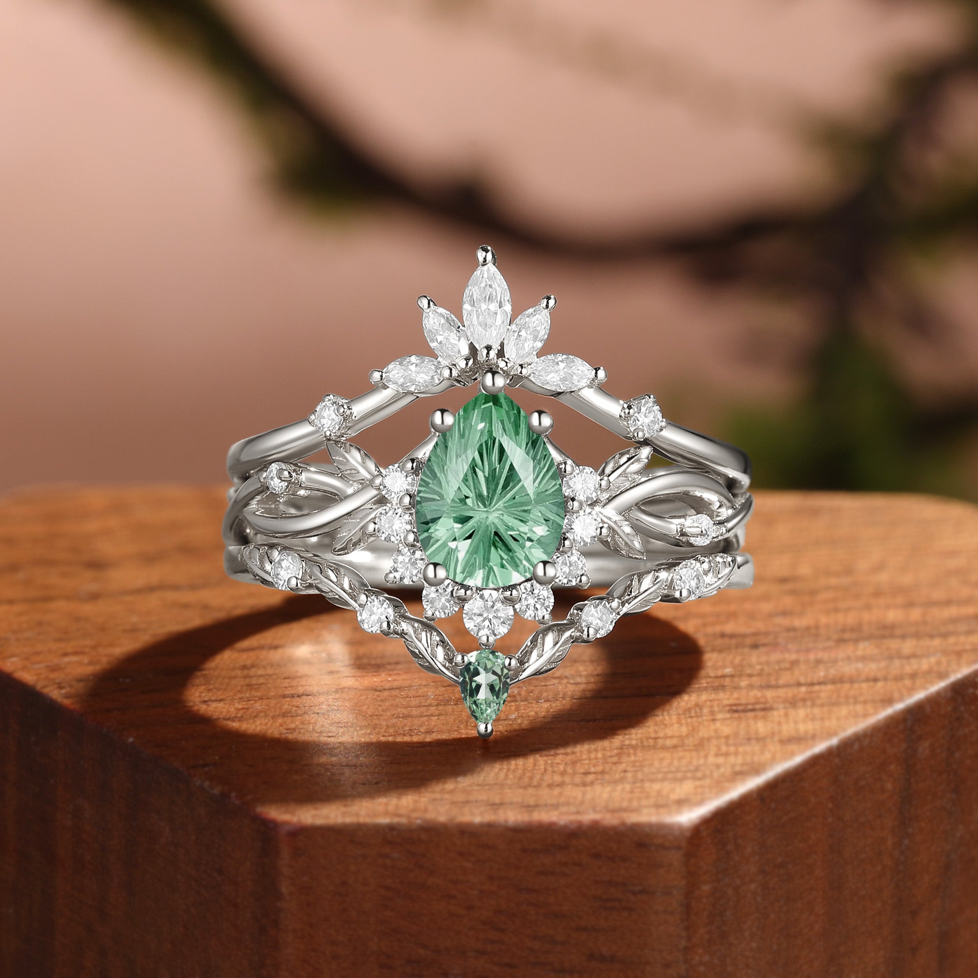 Fireworks Cut Pear Green Sapphire Enhancer Engagement Ring Set 3pcs - Drisana