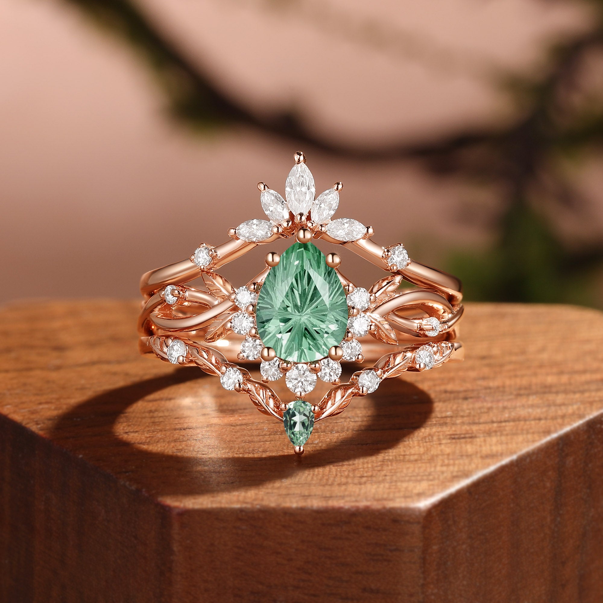 Fireworks Cut Pear Green Sapphire Enhancer Engagement Ring Set 3pcs - Drisana